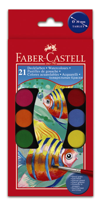 Краски акварельные Faber-Castell Watercolours, с кисточками, 21 цвет125021 Краски акварельные Faber-Castell Watercolours, с кисточками, 21 цвет125021Акварельные краски Faber-Castell Watercolours идеально подойдут как для детского художественного творчества, так и для изобразительных и оформительских работ. Краски легко размываются, создавая прозрачный цветной слой, отлично смешиваются между собой, не крошатся и не смазываются, быстро сохнут. В наборе 21 краска ярких, насыщенных цветов, а также две кисти. Каждый цвет представлен в основе круглой формы, располагающейся в отдельной ячейке, которую можно перемещать либо комбинировать с нужными красками, что делает процесс рисования легким и удобным. Коробка представляет собой поддон для ячеек с красками с отсеком для кисти и белой краски, а крышка - палитру. Отличный подарок для любителя рисовать акварелью!