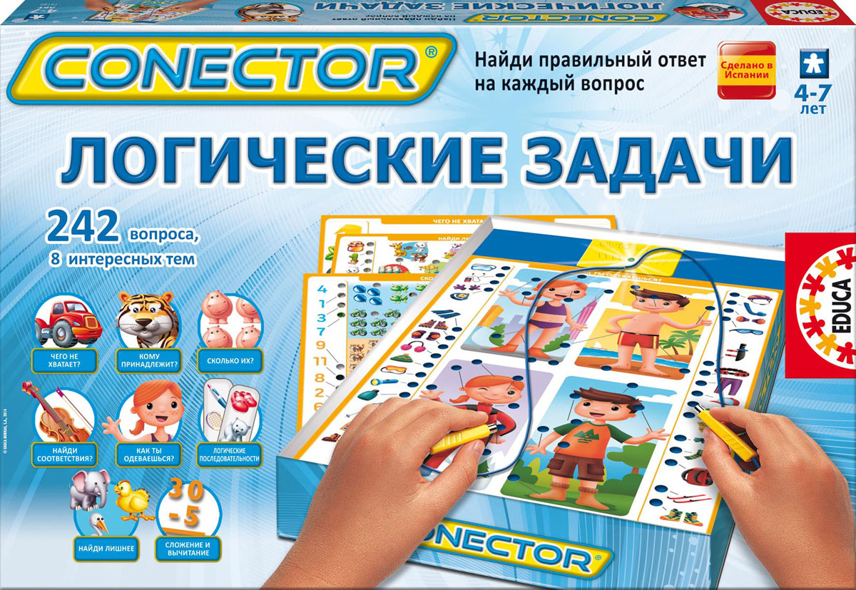 Электровикторина Educa Conector Логические задачи16123 Электровикторина Educa Conector Логические задачи16123Электровикторина Educa Conector Логические задачи - это увлекательная игра в вопросы и ответы, которая поможет детям открыть и узнать много нового в различных областях знаний. Вопросы по каждой теме были разработаны профессиональными педагогами с учетом детской психологии. Вопросы соединяются с ответами посредством электронной схемы. Правильные ответы на всех карточках расположены по-разному, поэтому ребенок не может схитрить и должен руководствоваться собственными знаниями. Одновременно может играть один и более игроков. Комплект игры состоит из электронной схемы для самопроверки и 8 иллюстрированных карточек, содержащих 242 вопроса на различные темы: Как ты одеваешься?, Чего не хватает?, Найди лишнее, Сколько их?, Кому принадлежит?, Логические последовательности, Сложение и вычитание, Найди соответствие. Также прилагается инструкция на русском языке. Необходимо докупить 2 батарейки напряжением 1,5V типа LR6 (не входят в комплект). ...