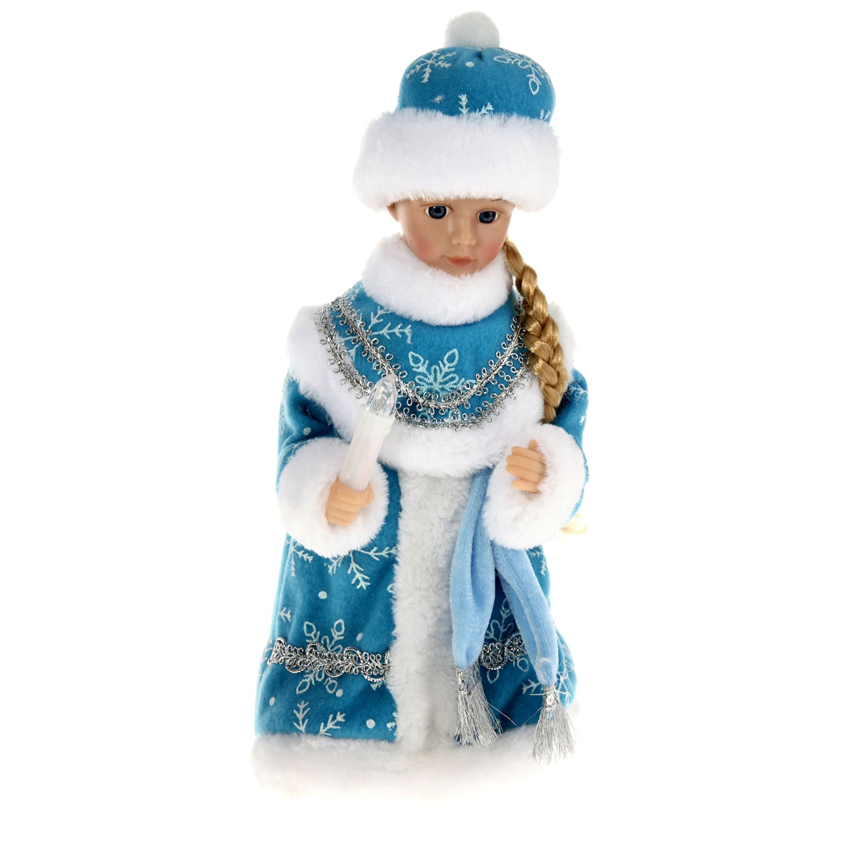 Новогодняя декоративная фигурка Sima-land Снегурочка, музыкальная, 29 см. 827836827836 Новогодняя декоративная фигурка Sima-land Снегурочка, музыкальная, 29 см. 827836827836Новогодняя декоративная фигурка выполнена из высококачественного пластика в виде Снегурочки. Снегурочка одета в шубу с опушкой, украшенную снежинками и декоративной тесьмой. На голове шапка в цвет шубы. В руке Снегурочка держит свечку. Кукла стоит на пластиковой подставке. Особенностью фигурки является наличие механизма, при включении которого начинает играть новогодняя мелодия, свечка светится, а голова и руки Снегурочки начинают двигаться. Ее добрый вид и очаровательная улыбка притягивают к себе восторженные взгляды. Декоративная фигурка Снегурочка подойдет для оформления новогоднего интерьера и принесет с собой атмосферу радости и веселья. УВАЖАЕМЫЕ КЛИЕНТЫ! Обращаем ваше внимание на тот факт, что декоративная фигурка работает от трех батареек типа АА напряжением 1,5V. Батарейки в комплект не входят.