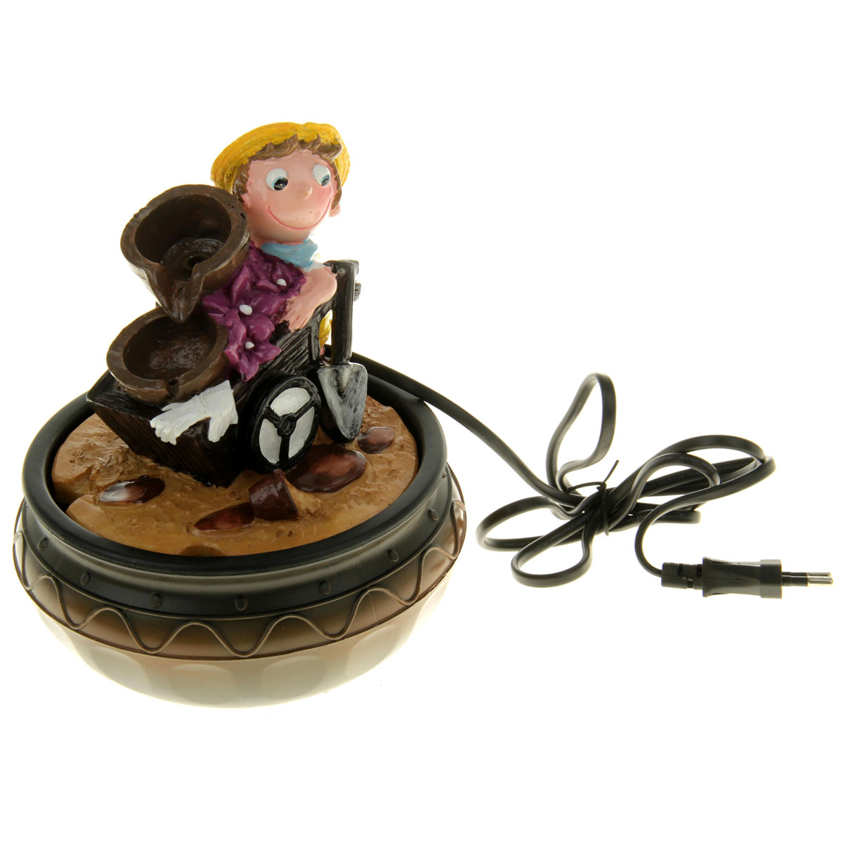 Фонтан Sima-land Весельчак с тележкой851917 Фонтан Sima-land Весельчак с тележкой851917Фонтан Sima-land Весельчак с тележкой изготовлен из высококачественного полистоуна и пластика. Фонтан выполнен в виде забавного человечка с тележкой и кувшинами, из которых течет вода. Журчание и вид воды, стекающей струями из миниатюрного фонтана и искрящейся на солнце, могут изменить облик вашего дома и сада, создавая атмосферу покоя. Вода в фонтане циркулирует при помощи электрического погружного центробежного насоса, входящего в комплект. Интерьерный фонтан хорошо увлажняет воздух, благотворно воздействуя на наш организм и создавая здоровый климат. УВАЖАЕМЫЕ КЛИЕНТЫ! Обращаем ваше внимание на то, что фонтан работает от сети 220V.
