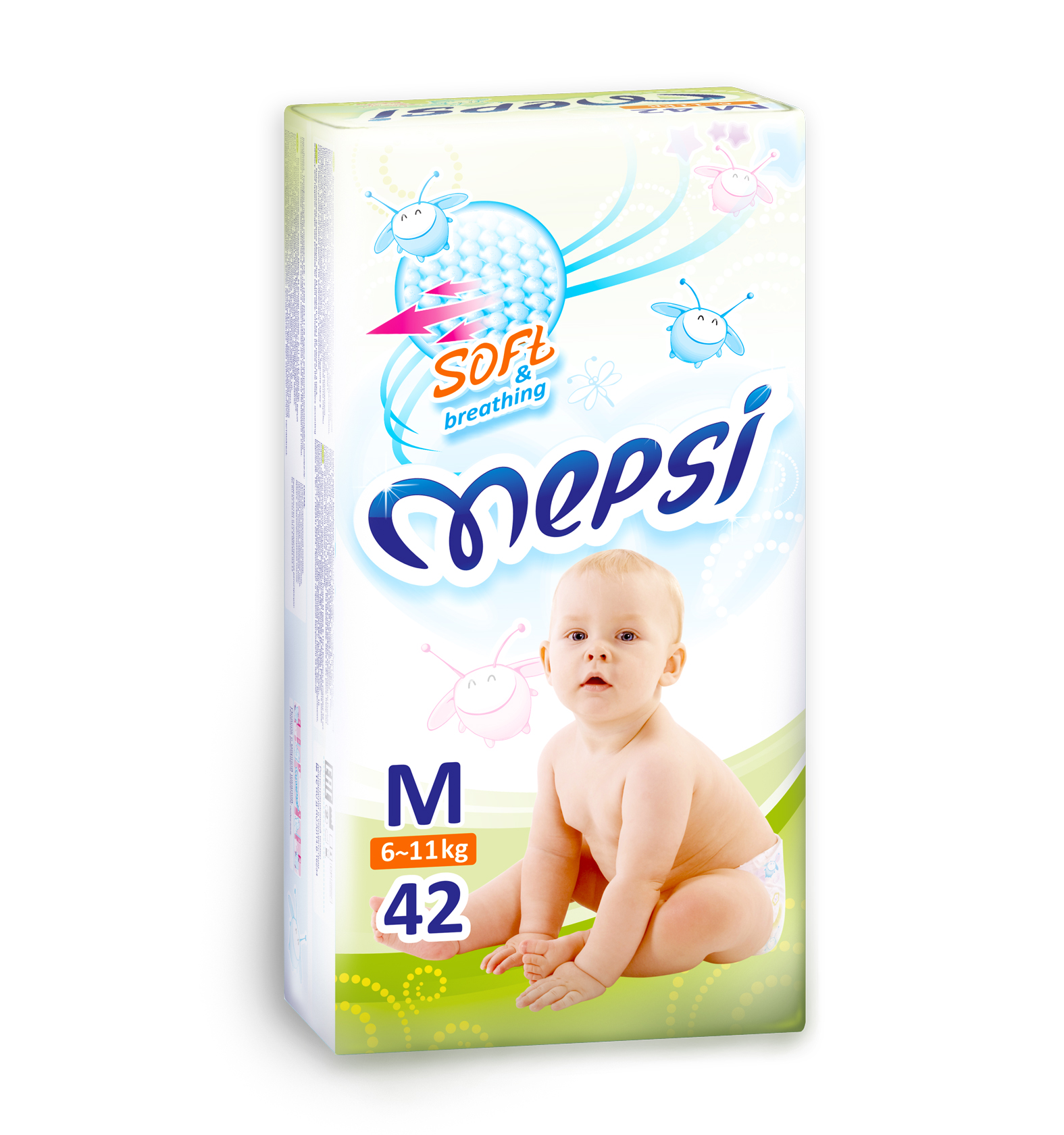 Mepsi Подгузники, M, 6-11 кг, 42 шт0016 Mepsi Подгузники, M, 6-11 кг, 42 шт0016Подгузники Mepsi созданы на базе новейших технологий с использованием гипоаллергенных и безопасных материалов. Нежное внутреннее покрытие, контактирующее с кожей малыша, всегда сухое за счет сердцевины, изготовленной из лучших сортов целлюлозы, абсорбента, и дополнительного слоя ADL, что обеспечивает моментальное впитывание жидкости. Свободные движения малыша обеспечиваются передним и задним эластичными поясами. Пояс с мерной шкалой. Рельефный слой точечно соприкасается с кожей малыша и создает отличную вентиляцию. Мягкие бортики надежно фиксируются на ножке ребенка, обеспечивая защиту от бокового протекания. Используемые материалы пропускают воздух, тем самым предотвращается парниковый эффект. Кожа малыша остается сухой и здоровой. От 0 месяцев. Проверено дерматологами.