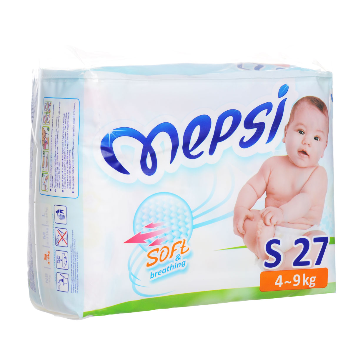 Mepsi Подгузники S, 4-9 кг, 27 шт0019 Mepsi Подгузники S, 4-9 кг, 27 шт0019Подгузники Mepsi созданы на базе новейших технологий с использованием гипоаллергенных и безопасных материалов последнего поколения. Нежное внутреннее покрытие, контактирующее с кожей малыша, всегда сухое за счет сердцевины, изготовленной из лучших сортов целлюлозы, абсорбента, и дополнительного слоя ADL, что обеспечивает моментальное впитывание жидкости. Надежная защита от бокового протекания выполнена из высококлассных материалов. Инновационная система вентиляции позволяет коже малыша дышать и не перегреваться. Свободные движения малыша обеспечиваются передним и задним эластичными поясами. Mepsi заботится о комфортном и здоровом развитии вашего малыша! Новая коллекция подгузников Mepsi со сверхмягким рельефным внутренним слоем. Особенности: Mepsi - комфортный подгузник. Рельефный слой точечно соприкасается с кожей малыша и создает отличную вентиляцию. Бортики стали мягче, надежно фиксируются на ножке ребенка, обеспечивая защиту от бокового протекания; ...