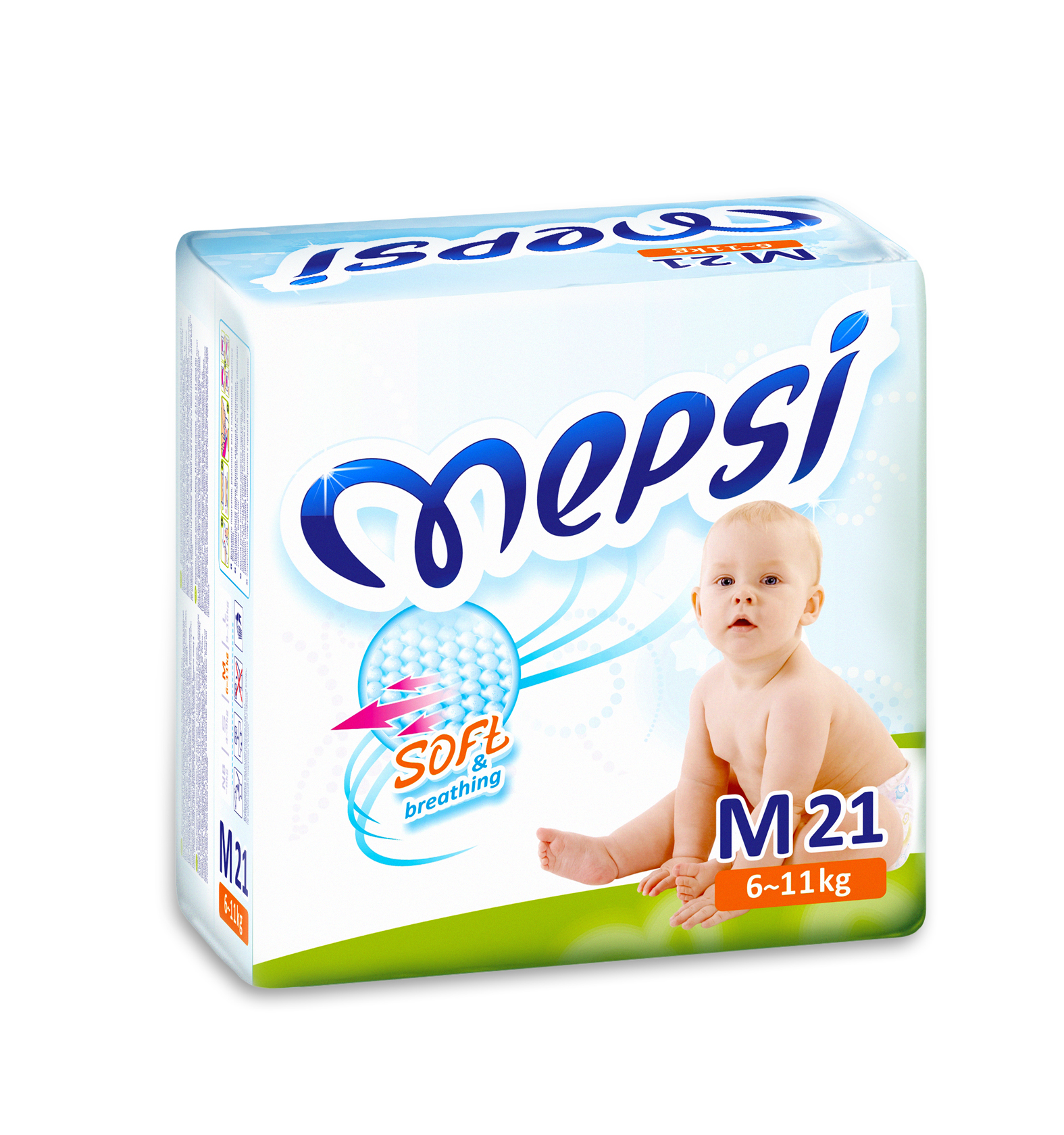 Mepsi Подгузники, M, 6-11 кг, 21 шт0020 Mepsi Подгузники, M, 6-11 кг, 21 шт0020Подгузники Mepsi созданы на базе новейших технологий с использованием гипоаллергенных и безопасных материалов. Нежное внутреннее покрытие, контактирующее с кожей малыша, всегда сухое за счет сердцевины, изготовленной из лучших сортов целлюлозы, абсорбента, и дополнительного слоя ADL, что обеспечивает моментальное впитывание жидкости. Свободные движения малыша обеспечиваются передним и задним эластичными поясами. Пояс с мерной шкалой. Рельефный слой точечно соприкасается с кожей малыша и создает отличную вентиляцию. Мягкие бортики надежно фиксируются на ножке ребенка, обеспечивая защиту от бокового протекания. Используемые материалы пропускают воздух, тем самым предотвращается парниковый эффект. Кожа малыша остается сухой и здоровой. От 0 месяцев. Проверено дерматологами.