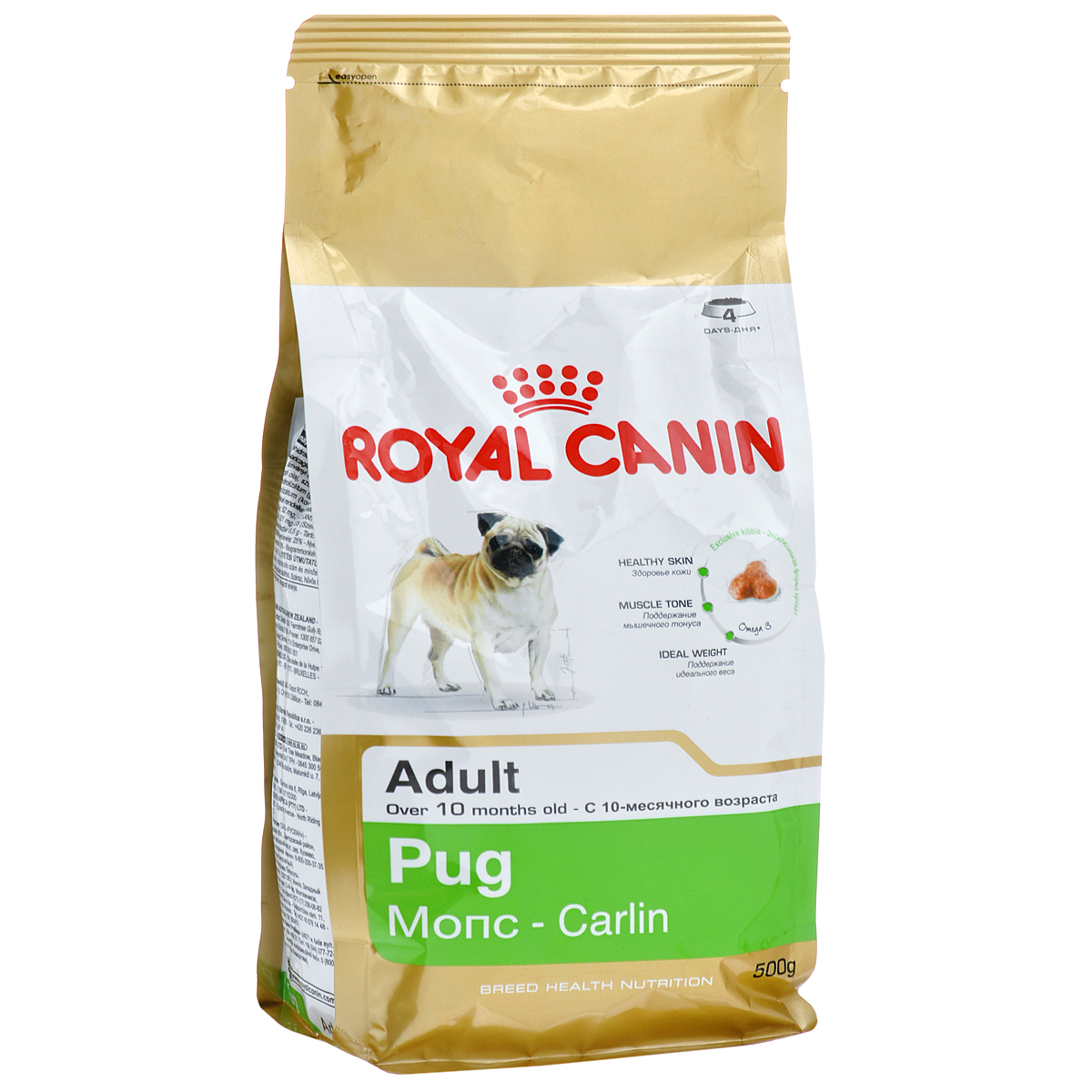 Корм сухой Royal Canin Pug Adult , для собак породы мопс от 10 месяцев, 500 г2398 Корм сухой Royal Canin Pug Adult , для собак породы мопс от 10 месяцев, 500 г2398Корм сухой Royal Canin Pug Adult - полнорационное питание для собак породы мопс от 10 месяцев. Мопс — это истинно аристократическая порода. Очаровательные небольшие собаки издавна были любимцами знати благодаря своему спокойному нраву и сильной привязанности к хозяину. При подборе корма для мопсов важно учесть специфическое строение их челюсти: чаще всего обычные крокеты им очень неудобно захватывать и разгрызать, что приводит к нарушениям пищеварительной системы и мочеиспускательного канала. Здоровая кожа. Новая формула поддерживает кожу собаки в идеальном состоянии. Мышечный тонус. Специализированный корм для мопсов способствует поддержанию мышечного тонуса. Идеальный вес. Продукт способствует гармоничному росту при сохранении идеального веса собаки благодаря снижению уровня жиров. Особая форма крокетов. Крокеты имеют форму трилистника, вследствие чего собаке становится гораздо удобнее их захватывать. Состав: рис,...