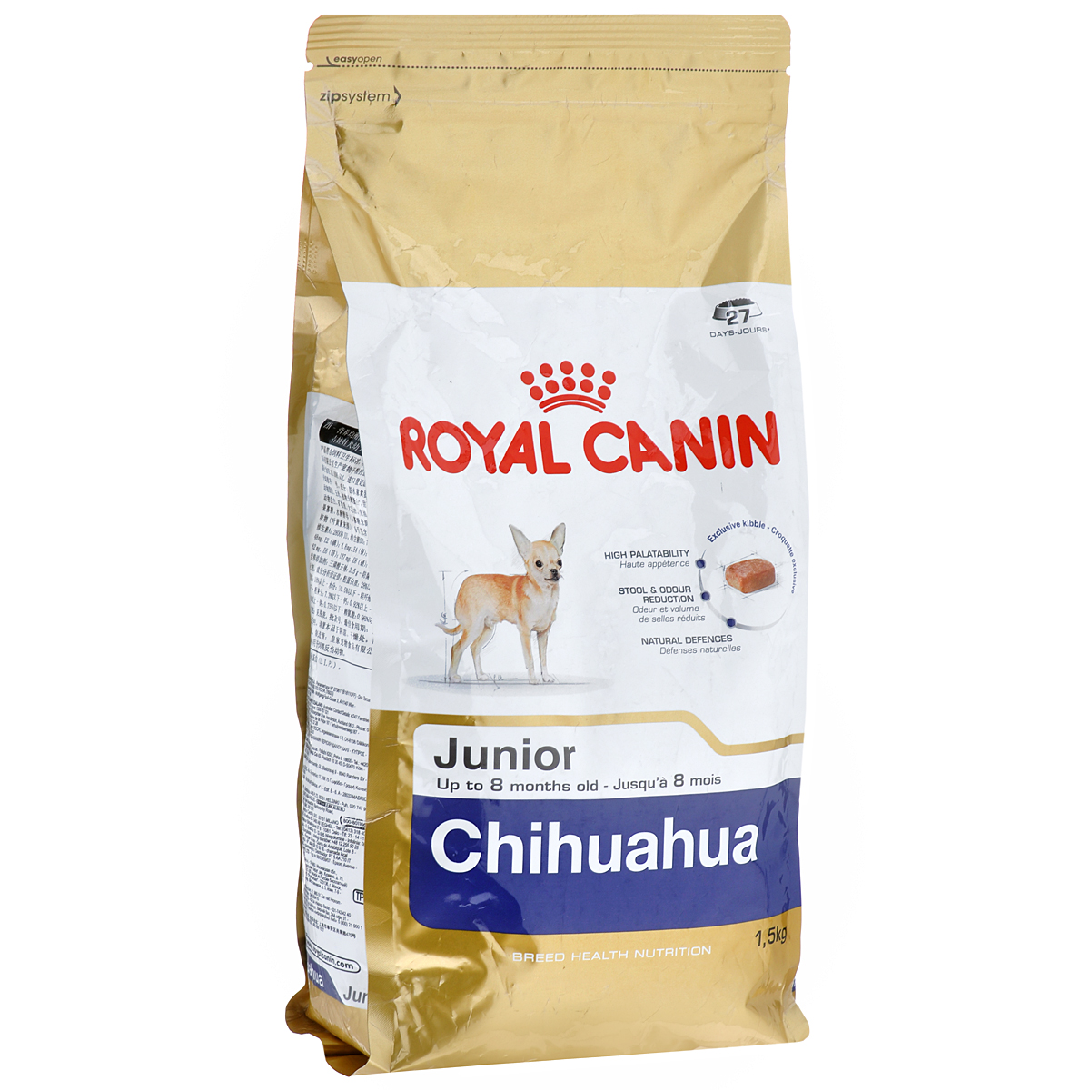 Корм сухой Royal Canin Chihuahua Junior, для щенков породы чихуахуа в возрасте до 8 месяцев, 1,5 кг8102 Корм сухой Royal Canin Chihuahua Junior, для щенков породы чихуахуа в возрасте до 8 месяцев, 1,5 кг8102Сухой корм Royal Canin Chihuahua Junior - полнорационное питание для щенков породы чихуахуа в возрасте до 8 месяцев. Щенок чихуахуа нуждается в особенной заботе из-за своих миниатюрных размеров и природной хрупкости. Чихуахуа является самой маленькой породой собак. Они очень предрасположены к образованию зубного камня, таким образом гигиена зубов крайне важна для собак этой породы. Очень важно выбрать корм, крокеты которого имеют соответствующую форму. Chihuahua Junior можно заказать и купить онлайн или в специальных магазинах. Высокая вкусовая привлекательность. Благодаря отборным натуральным ароматам и специально адаптированным крокетам мелкого размера и текстуры, корм обладает максимальной аппетитностью даже для самых маленьких и привередливых щенков чихуахуа. Ослабление запаха стула. Корм для щенков чихуахуа снижает объем и ослабляет неприятный запах экскрементов. Поддержание естественных механизмов защиты. Комплекс антиоксидантов, обладающих...