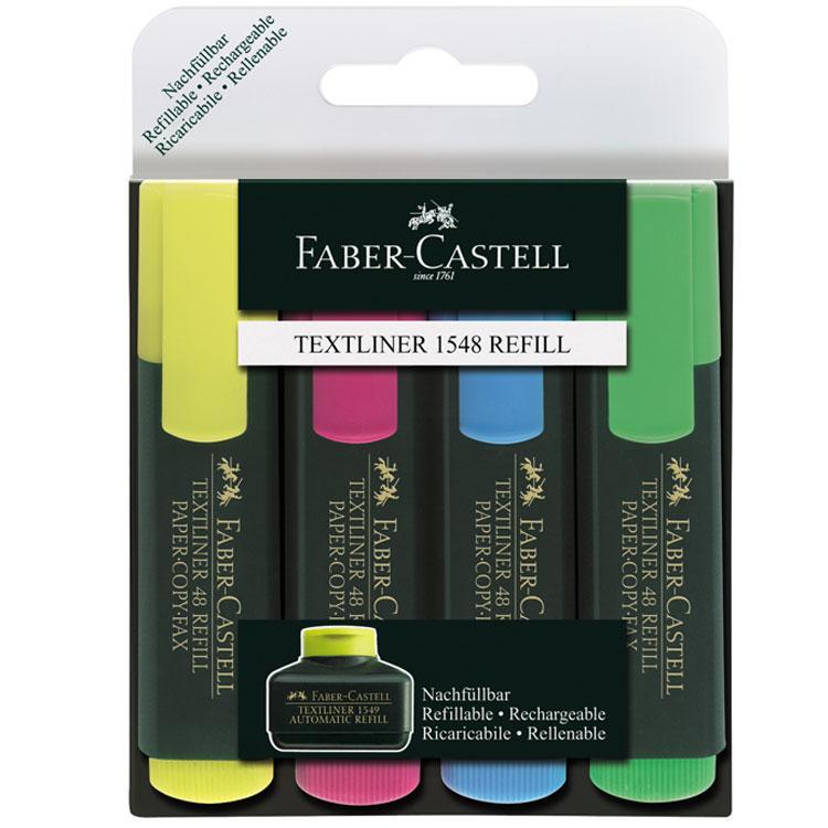 Faber-Castell Набор текстовыделителей Textliner 4 цвета154804 Faber-Castell Набор текстовыделителей Textliner 4 цвета154804Текстовыделители Faber-Castell обеспечивают отличное выделение текста на любых видах бумаги, а их клиновидные наконечники, в зависимости от угла, под которым держать маркер, могут наносить линии толщиной 1 мм, 2 мм и 5 мм. Универсальные яркие чернила на водной основе устойчивы к выцветанию. Маркеры гарантируют отличные результаты даже тогда, когда открыты длительное время. Флуоресцентная маркировка на бумаге любого стандарта. Возможность повторного наполнения чернилами на водной основе.