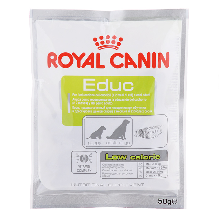 Лакомство для собак Royal Canin Educ, для дрессировки, 50 г1022 Лакомство для собак Royal Canin Educ, для дрессировки, 50 г1022Лакомство для собак Royal Canin Educ - неполнорационный продукт, рекомендуемый для поощрения при обучении и дрессировке щенков старше 2 месяцев и взрослых собак. Продукт низкокалориен (каждая крокета содержит менее 3 ккал), но обладает высокой вкусовой привлекательностью. Лакомство с высоким содержанием витаминов Е и С, необходимых для поддержания функций клеток. Состав: маниока (тапиока), пшеничная клейковина (L.I.P. = высококачественные белки с максимальной степенью усвояемости ), пшеничная мука, растительная клетчатка, гидролизат белков животного происхождения, минеральные вещества. Анализ: белок 20%, жир 1%, клетчатка 1,9%, влажность 15%, минеральные вещества 2,3%, медь 3мг/кг. Товар сертифицирован.