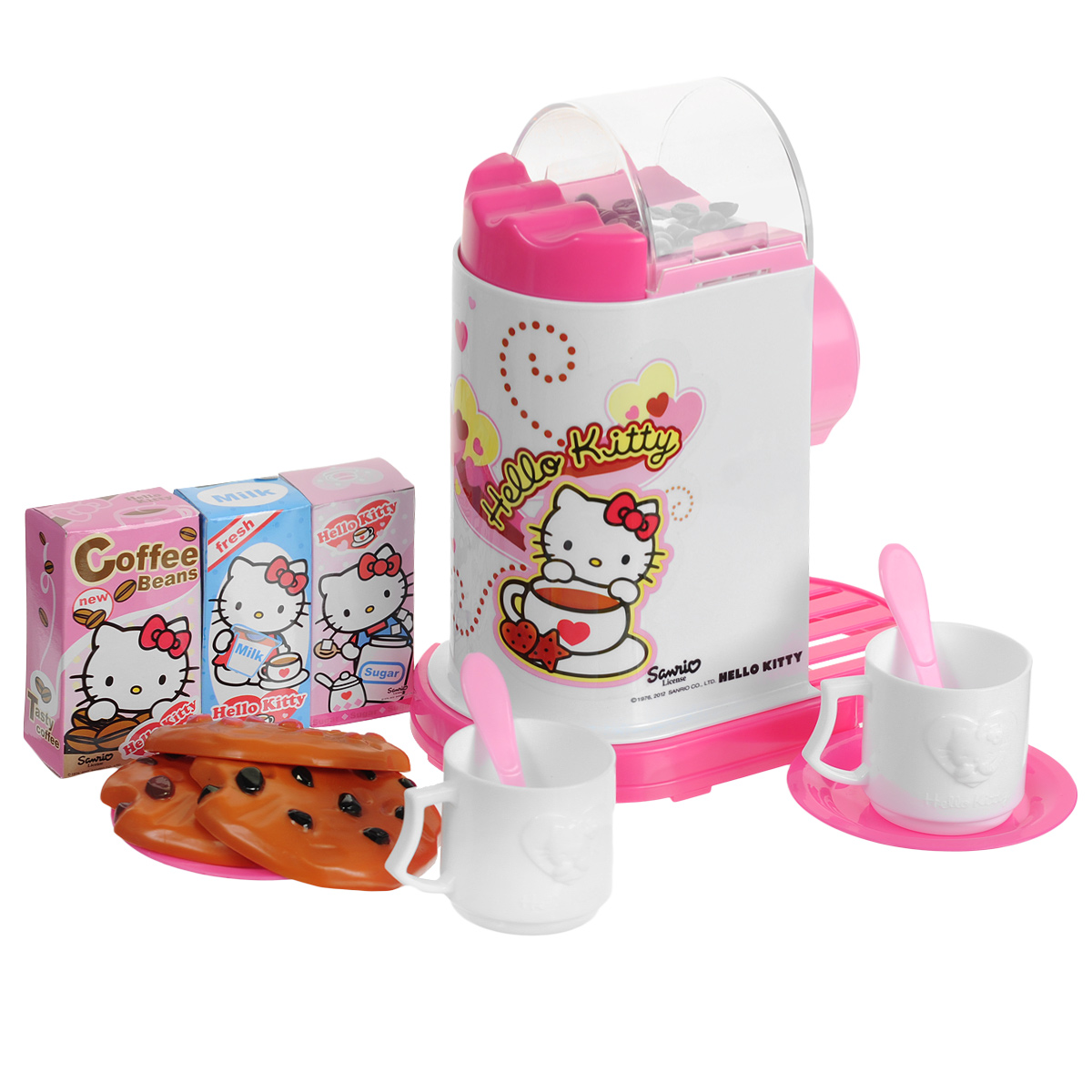 Simba Игровой набор Hello Kitty. Эспрессо-машина4733328 Simba Игровой набор Hello Kitty. Эспрессо-машина4733328Игровой набор Simba Hello Kitty. Эспрессо-машина привлечет внимание вашего малыша и не позволит ему скучать. Набор включает в себя эспрессо-машину, 3 печенья, 3 коробочки кофе, молока и сахара, 2 чашки, 2 ложки и 2 блюдца. Игрушечная эспрессо-машина очень похожа на настоящий кухонный прибор! Она предназначена для варки кофе. В верхней ее части в прозрачном отсеке находятся кофейные зерна, начинающие подпрыгивать при нажатии большой кнопки рядом с отсеком. На корпусе расположены четыре кнопки, три из которых воспроизводят звуки работающей кофеварки, а одна - фразы всеми любимой кошечки Китти. Дверца эспрессо-машины открывается, внутрь можно поместить чашку. С таким набором ваша малышка сможет приготовить вкусный кофе для своих игрушек. Игрушечная бытовая техника не только развлекает ребенка, но и знакомит его с правилами использования электроприборов. Порадуйте его таким замечательным подарком! Рекомендуется докупить 3 батарейки напряжением 1,5V типа...