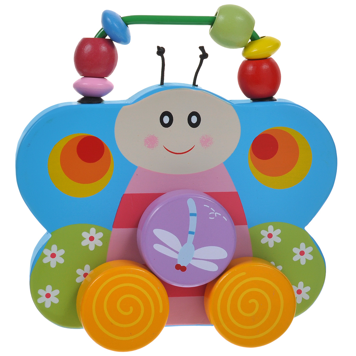 Mapacha Деревянная игрушка-каталка Бабочка76428 Mapacha Деревянная игрушка-каталка Бабочка76428Деревянная игрушка-каталка Mapacha Бабочка непременно понравится вашему малышу и подойдет для игры как дома, так и на свежем воздухе. Она выполнена из дерева с использованием нетоксичных красок в виде красочной бабочки с двумя текстильными усиками. Края игрушки закруглены, чтобы избежать вероятности травмирования. В верхней части игрушки расположена металлическая дуга с нанизанными на нее деревянными бусинами разных форм и цветов. Ребенок сможет перебирать из пальчиками, тренируя мелкую моторику рук. Бабочка оснащена четырьмя колесиками. С обеих сторон над ними находится еще одно колесико с изображением стрекозы. Когда малыш катает игрушку, стрекоза крутится вместе с остальными колесиками. Игрушка-каталка Mapacha Бабочка развивает пространственное мышление, цветовое восприятие, ловкость, равновесие и координацию движений. Контрастное оформление бабочки стимулируют развитие координации глаз, учат следить за мелкими движущимися объектами.