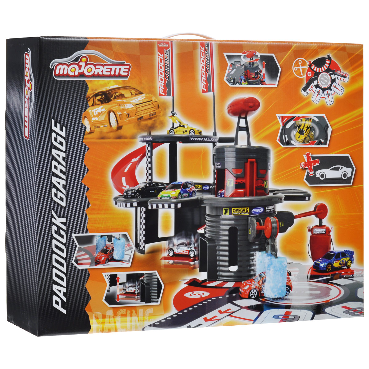 Majorette Игровой набор Парковка и автомойка, с машинкой2084660 Majorette Игровой набор Парковка и автомойка, с машинкой2084660Игровой набор Majorette Парковка и автомойка обязательно понравится вашему маленькому автолюбителю. С помощью него ребенок сможет собрать автокомплекс, представляющий собой трехуровневую парковку с лифтом, поворачивающимся вокруг своей оси, мойкой и заправкой. Этажи соединены между собой съездами. На второй этаж можно подняться с помощью лифта, на третий - по спиральному треку. На обратной стороне коробки находится картонное основание с несколькими парковочными местами, которое нужно вырезать ножницами. В набор входят элементы для сборки комплекса, машинка, наклейки для оформления комплекса и схематичная инструкция по сборке комплекса. Порадуйте своего ребенка таким замечательным подарком! Подходит для машиной приблизительно масштаба 1:64.