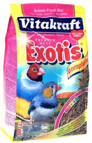 Корм для экзотических птиц Vitakraft Exotis, 500 г18112 Корм для экзотических птиц Vitakraft Exotis, 500 г18112Основной корм для экзотических птиц Vitakraft Exotis, обогащенный минералами, витаминами и протеином. Корм поддерживает обмен веществ и здоровье птиц. Состав: зерновые, злаковые, минеральные вещества, вещества растительного происхождения, дрожжи, мед. Анализ состава: белок - 12,6%, витамин А - 6000 МЕ, жир - 5,5%, витамин Д3 - 600 МЕ, зола - 3,8%, витамин С - 55 мг, целлюлоза - 9%, витамин В2 - 3 мг. Товар сертифицирован.