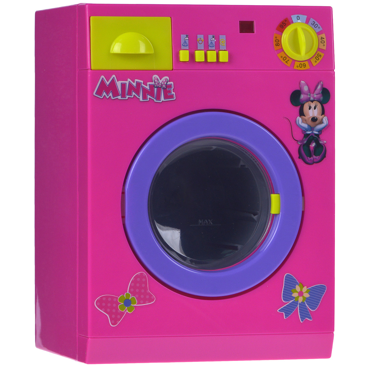 Simba Стиральная машина Minnie Mouse4765150 Simba Стиральная машина Minnie Mouse4765150Стиральная машина Minnie Mouse позволит вашей малышке почувствовать себя настоящей хозяйкой. Машинка выполнена из яркого безопасного пластика и оснащена звуковыми и световыми эффектами. На ее корпусе расположены 4 кнопки, лампочка и ручка, поворачивающаяся со звуком трещотки. Необходимо загрузить одежду в барабан машинки, налить воду в контейнер для порошка и выбрать нужный режим стирки. Нажатия кнопок сопровождают реалистичные звуки, имитирующие работу настоящей машинки, при этом мигает лампочка на ее корпусе. В конце стирки вода вытечет через шланг, который находится в задней части машинки. В комплект входят корзина для белья и картонная коробочка с порошком. Игра с машинкой развивает воображение вашего ребенка, повышает способность мыслить, создавать новые образы и фантазировать, способствует развитию социальных навыков, побуждает ребенка исследовать и понимать окружающий мир. Необходимо докупить 3 батарейки напряжением 1,5V типа С/LR14 (не входят в...