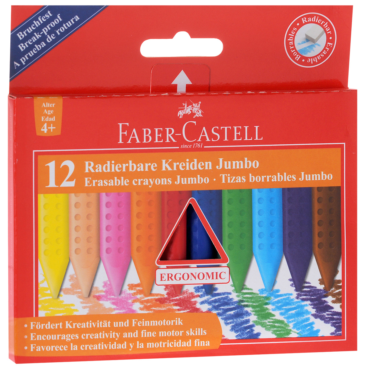 Восковые мелки Faber-Castell Radierbare Kreiden Jumbo, стирающиеся, 12 цветов122540 Восковые мелки Faber-Castell Radierbare Kreiden Jumbo, стирающиеся, 12 цветов122540Восковые мелки Faber-Castell Radierbare Kreiden Jumbo предназначены для рисования на картоне и бумаге. Утолщенный трехгранный корпус особенно удобен для детской руки. Мелки обеспечивают удивительно мягкое письмо, обладают отличными кроющими свойствами. Их можно затачивать и стирать как карандаш. Мелки не пачкаются, что позволит сохранить руки чистыми. В набор входят восковые мелки 12 ярких классических цветов.