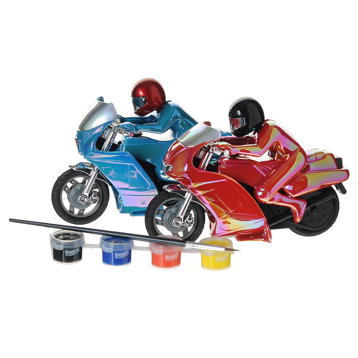 Набор для творчества Faber-Castell Creativity for Kids: Гоночные мотоциклы180899 Набор для творчества Faber-Castell Creativity for Kids: Гоночные мотоциклы180899Набор для творчества Faber-Castell Creativity for Kids: Гоночные мотоциклы позволит вашему ребенку своими руками раскрасить два крутых гоночных мотоцикла. В наборе есть все для этого необходимое: два мотоцикла с гонщиками красного и голубого цветов, 4 баночки с насыщенными глазурными красками черного, желтого, красного и синего цветов, кисть, наклейки для декорирования и инструкция на русском языке. Нужно просто раскрасить мотоциклы так, как подскажет фантазия, и можно играть с ними. У гонщика подвижная голова, которая откидывается, когда мотоцикл разгоняется. Механизм внутри игрушек имитирует звуки разгоняющегося мотоцикла. Ваш ребенок будет в восторге от такого подарка!