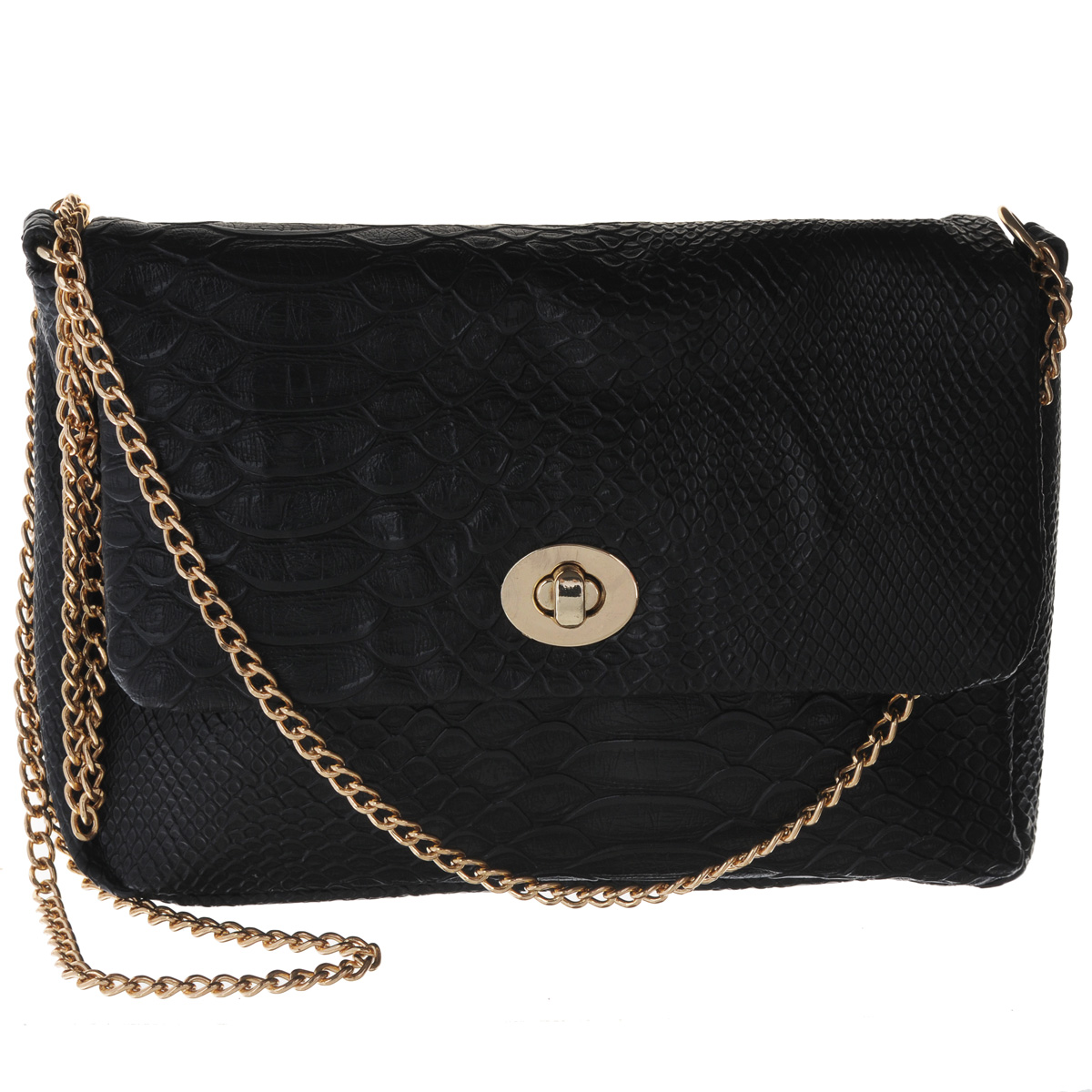 Сумка женская Fancys Bag, цвет: черный. 4114-1-044114-1-04 Сумка женская Fancys Bag, цвет: черный. 4114-1-044114-1-04Компактная женская сумка Fancys Bag изготовлена из экокожи и декорирована тиснением под рептилию. Изделие закрывается клапаном на замок-вертушок. Внутреннее отделение дополнено накладным карманом. Ручка исполнена в виде длинной тонкой цепочки золотого цвета. Такая сумка отлично дополнит как повседневный, так и выходной образ, добавит изюминку и подчеркнет вашу индивидуальность.