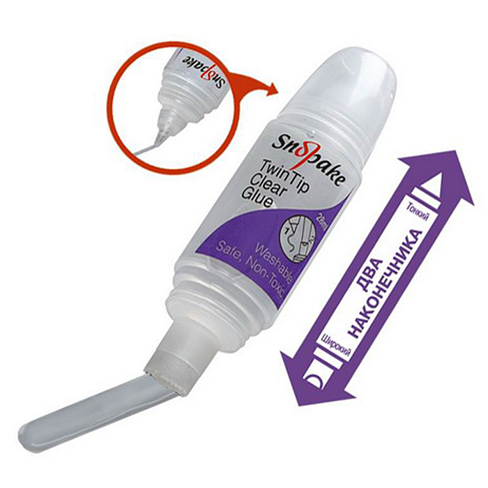 Клей Snopake Twin Tip Clear, 28 млK13912 Клей Snopake Twin Tip Clear, 28 млK13912Жидкий канцелярский клей Snopake Twin Tip Clear незаменим в доме, школе и офисе. Прозрачный клей предназначен для склеивания бумаги, картона, ткани, керамики и дерева. Туба имеет два наконечника: тонкий - для аккуратного склеивания небольших участков, и широкий - для быстрой склейки больших поверхностей, что позволяет использовать его комфортно и экономно. Туба сконструирована таким образом, что не позволяет клею вытекать самостоятельно. Ваше рабочее место теперь всегда будет в чистоте, даже при работе с жидким клеем. Клей не токсичен, безопасен и легко удаляется с одежды. Он идеально подходит для постоянного использования на работе, дома и в детских учреждениях.