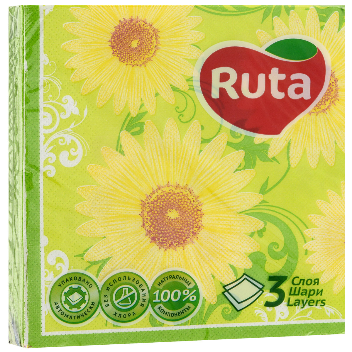 Салфетки Ruta Ромашка, трехслойные, 33 см х 33 см, 18 шт14013 Салфетки Ruta Ромашка, трехслойные, 33 см х 33 см, 18 шт14013Трехслойные бумажные салфетки Ruta Ромашка с экзотическим ароматом, изготовленные из экологически чистого, высококачественного сырья - 100% целлюлозы, станут отличным дополнением праздничного стола. Они отличаются необыкновенной мягкостью и прочностью. Яркий дизайн салфеток с цветочным принтом придется вам по душе и подарит положительные эмоции. Количество слоев: 3. Размер салфетки: 33 см х 33 см. Товар сертифицирован.