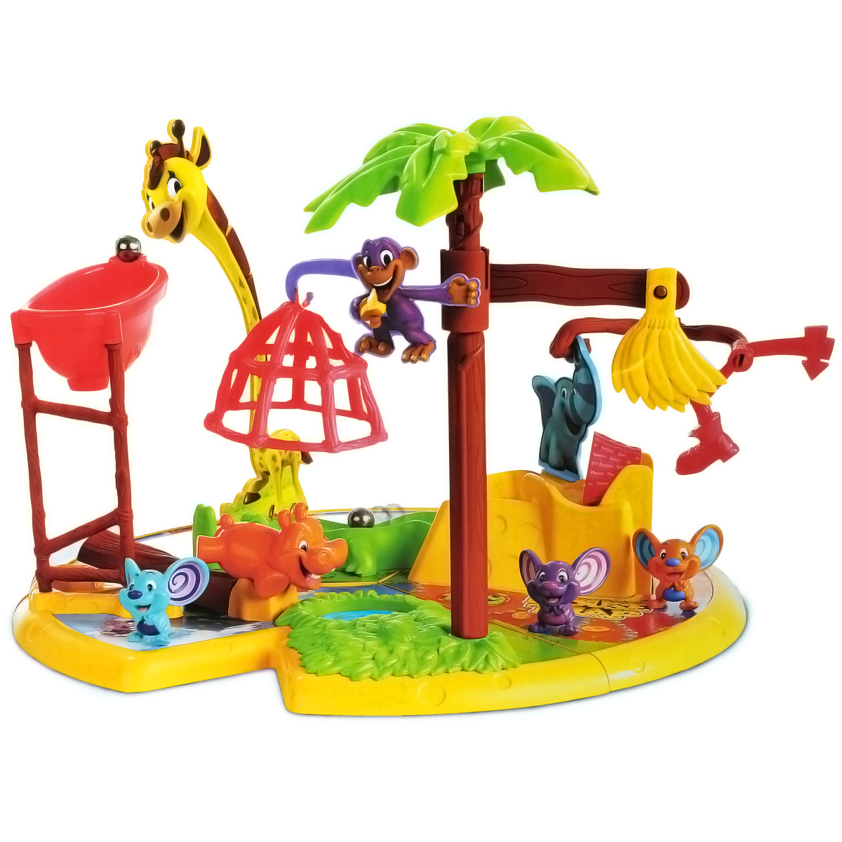 Настольная игра Elefun and Friends МышеловкаA4973121 Настольная игра Elefun and Friends МышеловкаA4973121Настольная игра Мышеловка позволит вашему ребенку интересно провести время в кругу друзей или семьи. Цель игры - поймать мышонка и стать победителем! В комплект игры входят три фигурки мышат (Сникерс, Начо и Пеппер), фигурка голодного бегемотика, три части игровой доски, картонное поле рулетки, рулетка в виде маленького кусочка сыра, основание рулетки, основание горки, башмак, качели, пластиковый держатель для ветки Элефан, пластиковый скат горки крокодильчик, тормозное устройство для шариков жираф, держатель для мышеловки обезьянка Чика, ванна, лестница, ствол дерева, ветка с бананами, крона дерева, мышеловка, два шарика и правила игры на русском языке. Выберите себе друга-мышонка, поставьте его в зоне Старт рядом с нарисованной красной стрелкой. Первым начинает игру самый младший игрок. Во время хода крутите сырную рулетку, затем передвигайте своего мышонка на ближайшее поле выпавшего на рулетке цвета. Если на этом поле уже стоит мышонок другого...