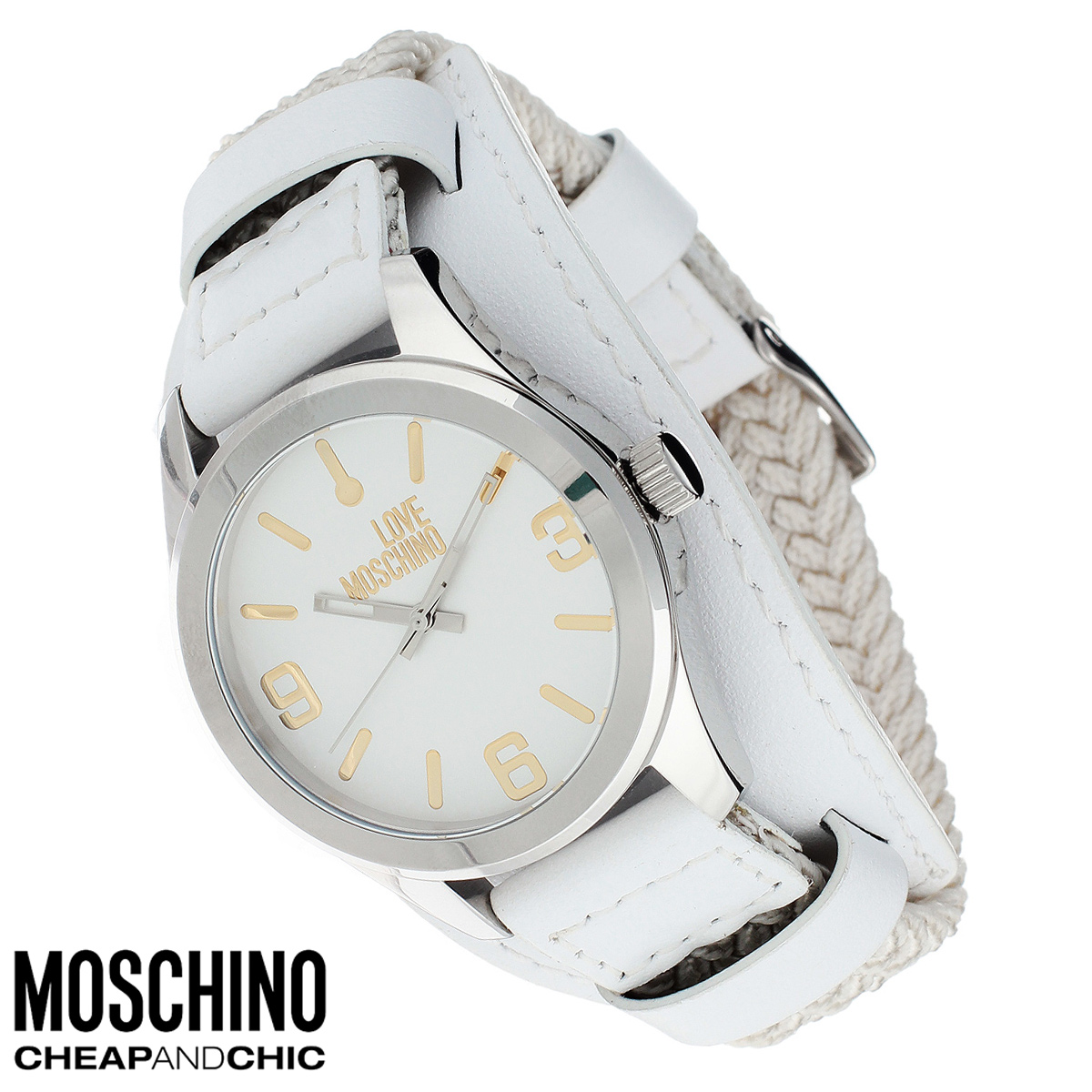 Часы женские наручные Moschino, цвет: белый, серебристый. MW0415MW0415 Часы женские наручные Moschino, цвет: белый, серебристый. MW0415MW0415Наручные часы от известного итальянского бренда Moschino - это не только стильный и функциональный аксессуар, но и современные технологи, сочетающиеся с экстравагантным дизайном и индивидуальностью. Часы Moschino оснащены кварцевым механизмом. Корпус выполнен из высококачественной нержавеющей стали. Циферблат с отметками и арабскими цифрами оформлен надписью Love Moschino и защищен минеральным стеклом. Часы имеют три стрелки - часовую, минутную и секундную. Текстильный плетеный ремешок часов с элементами из натуральной кожи имеет классическую застежку. Часы упакованы в фирменную металлическую коробку с логотипом бренда. Часы Moschino благодаря своему уникальному дизайну отличаются от часов других марок своеобразными циферблатами, функциональностью, а также набором уникальных технических свойств. Каждой модели присуща легкая экстравагантность, самобытность и, безусловно, великолепный вкус. Характеристики: Диаметр циферблата:...
