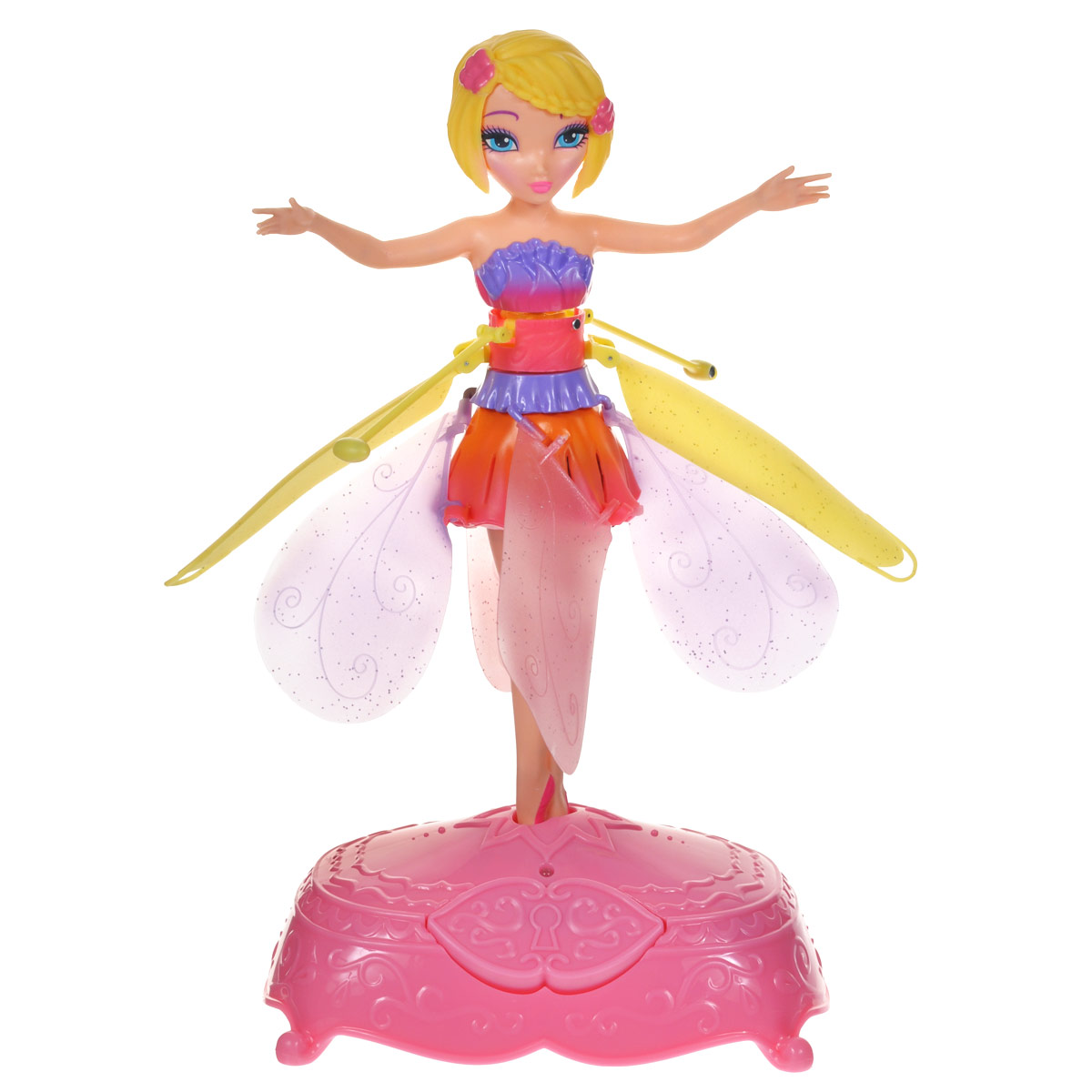 Flying Fairy Мини-кукла Фея парящая в воздухе цвет желтый оранжевый розовый35800_0035_20064914 Flying Fairy Мини-кукла Фея парящая в воздухе цвет желтый оранжевый розовый35800_0035_20064914Кукла Flying Fairy Фея приведет в восторг вашу малышку, ведь это фея, которая действительно летает! Куколка, выполненная из пластика, представляет собой милую фею, одетую в платье нежных оттенков. В комплект с куколкой входит специальная подставка для нее. Стоит поставить на нее фею и нажать на кнопку, как кукла взлетит. Можно просто наблюдать за ее полетом или управлять им с помощью рук. Порадуйте свою малышку таким волшебным подарком! Необходимо докупить 6 батареек напряжением 1,5V типа АА (не входят в комплект).