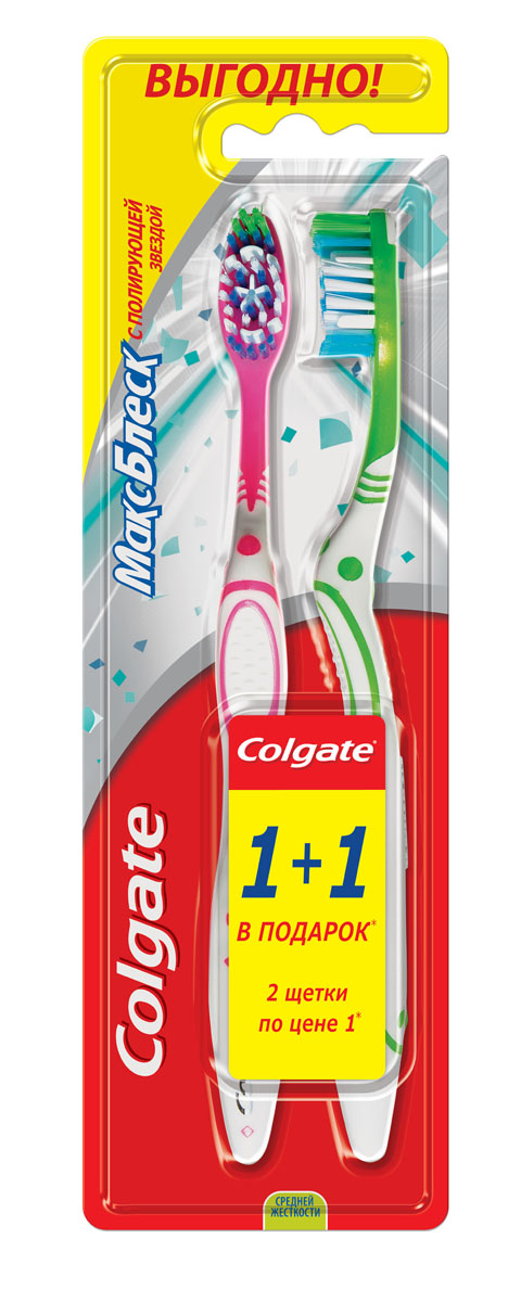 Colgate Зубная щетка Макс Блеск, средняя жесткость, 1+1 бесплатно, цвет: белый, розовый, салатовыйFCN21207 Colgate Зубная щетка Макс Блеск, средняя жесткость, 1+1 бесплатно, цвет: белый, розовый, салатовыйFCN21207Зубная щетка Colgate Макс Блеск снабжена уникальной полирующей звездой и специально разработанными щетинками, которые помогают мягко удалять потемнения на эмали, возвращая вашим зубам естественную белизну. Характеристики: Материал: нейлоновые волокна, полипропилен. Длина щетки: 19 см. Комплектация: 2 шт. Производитель: США. Изготовитель: Китай. Товар сертифицирован.