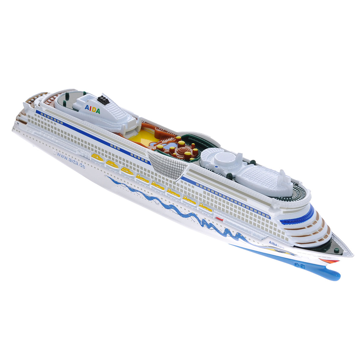 Siku Круизный лайнер AIDA Luna1720 Siku Круизный лайнер AIDA Luna1720Коллекционная модель Siku Круизный лайнер выполнена в виде точной копии одного из круизных лайнеров немецкой туристической компании Aida в масштабе 1/1400. Лайнер совершает путешествия по Северному и Балтийскому морям, а также выходит на просторы Атлантического океана. Модель отличается высоким уровнем детализации. Лайнер выполнен из прочного пластика, а днище из металла. Корпус лайнера оформлен фирменными рисунками туристической компании - глазками и губами, расплывшимися в улыбке. Коллекционная модель станет не только интересной игрушкой для ребенка, но и займет достойное место в коллекции. Порадуйте его таким замечательным подарком!
