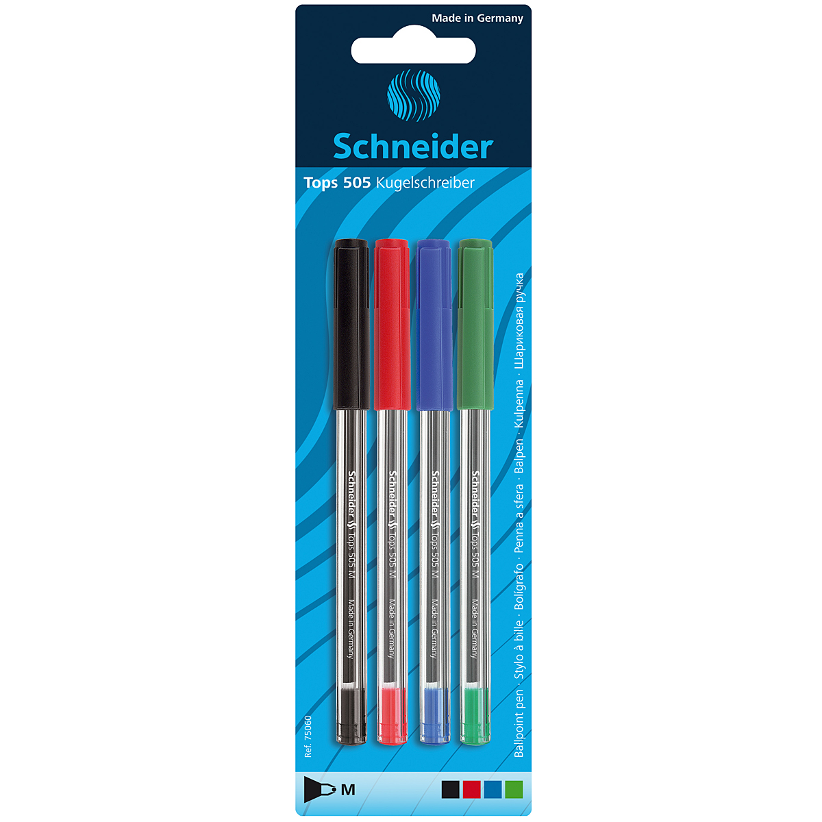 Набор шариковых ручек Schneider Tops 505, цвет: синий, красный, черный, зеленый, 4 штS50604-4 Набор шариковых ручек Schneider Tops 505, цвет: синий, красный, черный, зеленый, 4 штS50604-4Шариковые цветные ручки из набора Schneider Tops 505станут незаменимым атрибутом в учебе любого школьника и на работе. Износостойкий наконечник из нержавеющей стали гарантирует четкое и насыщенное письмо на протяжении всего срока службы ручки, а также полное использование запаса чернил. В наборе 4 одноразовых шариковых ручки с колпачком, цвет которого соответствует цвету чернил.