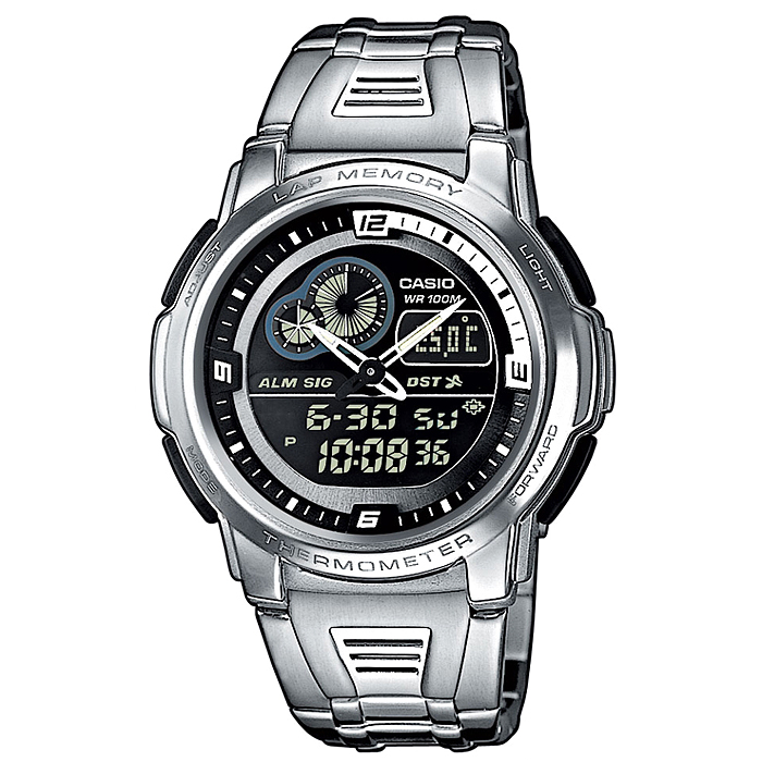 Часы наручные Casio, цвет: серебристый, черный. AQF-102WD-1BAQF-102WD-1B Часы наручные Casio, цвет: серебристый, черный. AQF-102WD-1BAQF-102WD-1BСтильные аналогово-цифровые часы от японского брэнда Casio - это яркий функциональный аксессуар для современных людей, которые стремятся выделиться из толпы и подчеркнуть свою индивидуальность. Часы оснащены японским кварцевым механизмом. Корпус часов изготовлен из нержавеющей стали и пластика. Циферблат с двумя стрелками защищен пластиковым стеклом. Часы застегиваются при помощи застежки-клипсы. Основные функции: - будильник; - автоматический календарь (число, месяц, день недели, год); - термометр; - подсветка (электролюминесцентные панели), автоподсветка; - секундомер: время измерения - 100 часов; - 12-ти и 24-х часовой формат времени; - таймер; - мировое время. Питание часов осуществляется от сменной батареи. Часы упакованы в фирменную коробку с логотипом Casio. Такой аксессуар придаcт вашему образу нотку изысканности и элегантности. ...