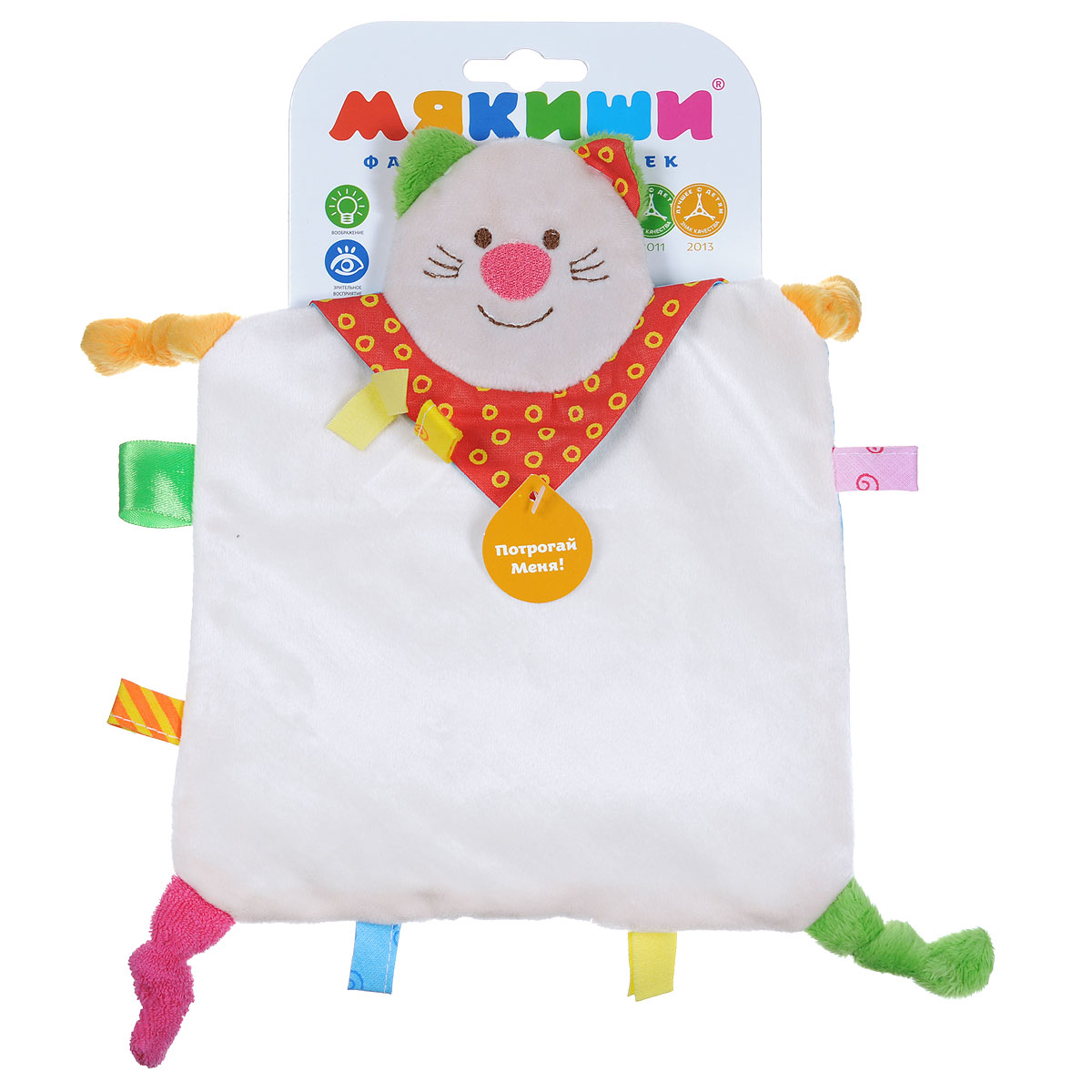Игрушка-салфетка Мякиши Котенок, цвет: бежевый, голубой274 Игрушка-салфетка Мякиши Котенок, цвет: бежевый, голубой274Игрушка-салфетка Мякиши Котенок подарит вашему малышу чувство теплоты и заботы, ощущение максимального комфорта и безопасности. Она выполнена из мягкого плюша и хлопка в виде салфетки, в верхней части которой расположена голова симпатичного котика. На уголках салфетки завязаны узелки. По бокам имеются петельки разных фактур, что способствует развитию тактильных ощущений у малыша. Узелки он сможет трогать ручками, совершенствуя моторику нежных пальчиков или грызть при прорезывании зубов. Игрушка удивительно приятна на ощупь, малыш с удовольствием будет держать ее в ручках и засыпать с ней. Мягкая игрушка-салфетка поможет крохе в развитии зрительного восприятия, мышления, мелкой моторики рук, воображения и эмоционального восприятия, а также защитит одежду малыша от срыгиваний во время сна.