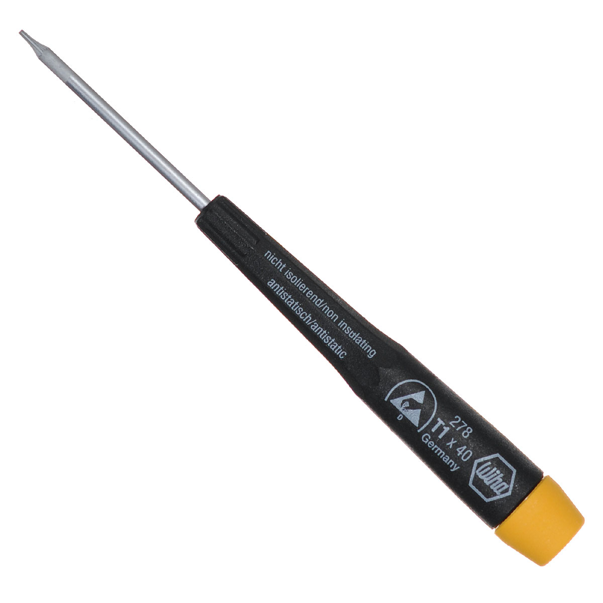 Отвертка Precision 278 ESD T1x40 Wiha 2567625676 Отвертка Precision 278 ESD T1x40 Wiha 2567625676Отвертка Wiha Precision ESD оснащена диссипативной рукояткой, отводящей электростатический заряд. Жало выполнено из высококачественной хром-ванадий-молибденовой стали полной закалки с матовым хромированием. Наконечник Wiha ChromTop гарантирует максимальное соответствие размерности. Рукоятка Precision с крутящимся колпачком, поверхностное сопротивление 106-109 Ом. Применяется для любых работ с деталями, подверженными воздействию электростатического заряда. Нормы: IEC 61340-5-1. Общая длина отвертки: 12 см. Длина жала: 4 см. Размер ручки: 8 см х 1,1 см х 1,1 см.