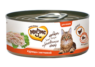 Консервы для кошек Мнямс, с курицей и ветчиной, 70 г700903 Консервы для кошек Мнямс, с курицей и ветчиной, 70 г700903Консервы для котят Мнямс состоят исключительно из отборных натуральных компонентов и не содержат сою, искусственные красители и усилители вкуса. В процессе производства консервов используется только отборное парное и охлажденное, а не замороженное сырье. Консервы из курицы изготовлены из нежного белого мяса куриных грудок с добавлением ветчины. Состав: курица (45,5%), ветчина (4,5%), рис (1%), вода, каррагинан. Аналитический состав: белок 11,24%, жир 1,27%, клетчатка 0,02%, зола 0,85%, влажность 85,48%. Вес: 70 г. Товар сертифицирован.