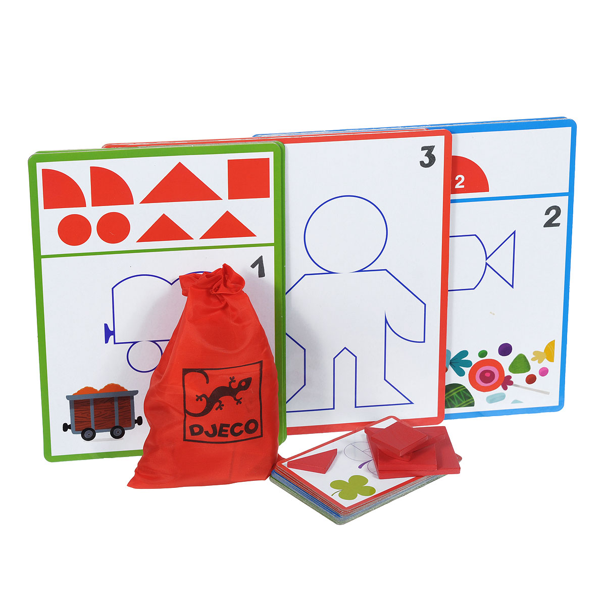 Обучающая игра Djeco Фигуры08300 Обучающая игра Djeco Фигуры08300Обучающая игра Djeco Фигуры с нарастающим уровнем сложности познакомит вашего ребенка с различными геометрическими фигурами и наглядно объяснит ему, как из одних геометрических форм можно получить другие и как комбинировать их друг с другом. Цель игры - составить из отдельных элементов силуэтную форму, изображенную на карточке. В комплект игры входят: 24 картонные двусторонние карточки трех размеров, 36 деревянных элементов красного цвета и текстильный мешочек для их хранения, затягивающийся сверху на кулиску. На обратной стороне коробки предусмотрены правила игры на русском языке. Рекомендуемый возраст: от 3 до 6 лет.