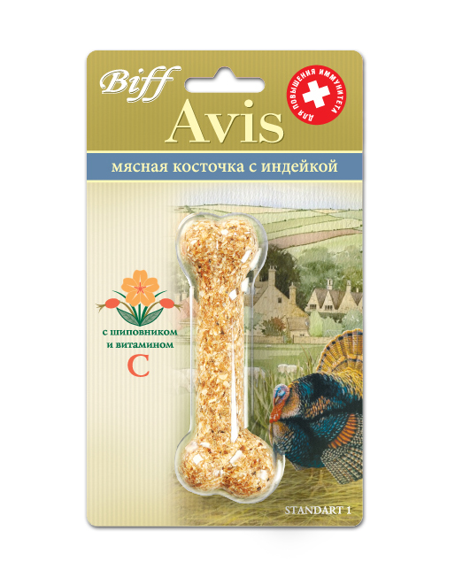 Лакомство для собак Biff Avis, косточка с индейкой, 35 г1889 Лакомство для собак Biff Avis, косточка с индейкой, 35 г1889Мясная косточка Biff Avis - прессованное лакомство, изготовленное из молотой говяжьей кожи, мяса и субпродуктов с различными вкусными и полезными добавками. Мясная косточка с индейкой - идеальное лакомство для собак, подверженных пищевой аллергии. Мясо индейки хорошо усваивается, не содержит излишнего межмышечного жира, является источником биологически полноценного белка. Шиповник и витамин С повышают иммунитет. В плодах шиповника содержится большое количество витаминов С, К, В2, В5 ,каротина, сахаров, пектина, органических кислот, а также солей железа, марганца, фосфора, кальция. Рекомендации по применению: норма потребления составляет 10% суточного рациона собак старше 10 недель. Состав: кожа говяжья - 35%, мясо индейки - 15%,кукуруза - 12%, желудок говяжий - 11%,гречка - 10%, мясокостная мука - 7%, кишки говяжьи - 6%, шиповник - 4%. Пищевая ценность (на 100 г): белки - 48,2 г, жир - 2,4 г, углеводы - 11,1 г, влага - 8,3 г, зола - 5,4 г. Энергетическая...