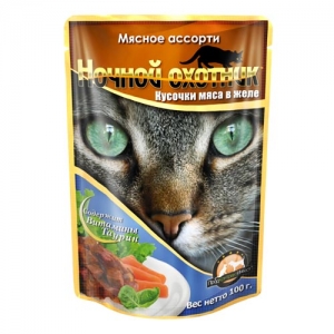 Консервы для взрослых кошек Ночной охотник, с мясным ассорти в желе, 100 г55750 Консервы для взрослых кошек Ночной охотник, с мясным ассорти в желе, 100 г55750Консервы для взрослых кошек Ночной охотник с мясным ассорти в желе - полноценное сбалансированное питание для взрослых кошек. Корм изготовлен из натурального мяса, не содержит сои, консервантов и ГМО продуктов. В состав входят питательные вещества, белки, минеральные вещества, витамины, таурин и другие компоненты, необходимые кошке для ежедневного питания. Состав: мясо и субпродукты животного происхождения (говядина не менее 10%, телятина не менее 10%, ягненок не менее 10%, курица не менее 10%) растительное масло, злаки, минеральные вещества, таурин, витамины А, D, E. Пищевая ценность в 100 г: сырой белок - 8%, сырой жир - 3,5%, сырая клетчатка - 0,4%, кальций - 0,25%, фосфор - 0,3%, сырая зола - 2%, влажность 80%. Вес: 100 г . Энергетическая ценность: 83 ккал/100 г. Товар сертифицирован.