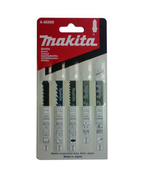 Набор пилок для лобзика Makita А-86898, 5 штА-86898 Набор пилок для лобзика Makita А-86898, 5 штА-86898Универсальный набор состоит из 5 полотен для лобзика по цветному металлу, дереву, пластику, стали. В набор входят пилки: В-10S, В-13 и -В16 тип HCS; В-22 и В-23 тип HSS.