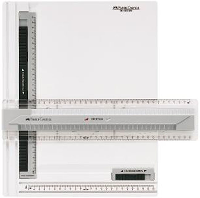 Чертежный планшет Faber-Castell, А4171274 Чертежный планшет Faber-Castell, А4171274Чертежный планшет Faber-Castel представляет собой чертежный прибор, состоящий из доски и подвижной линейки-рейсшины. Доска, изготовленная из ударопрочного пластика, имеет габаритные размеры 375 мм х 300 мм и снабжена противоскользящими вставками с нижней стороны. Зажим листа осуществляется с помощью специального захвата сверху. Размер рассчитан на вычерчивание листа формата А4. Подвижная рейсшина имеет механизм фиксации Stop/Go, который позволяет надежно зафиксировать ее в любом месте траектории движения или провести ряд параллельных линий.