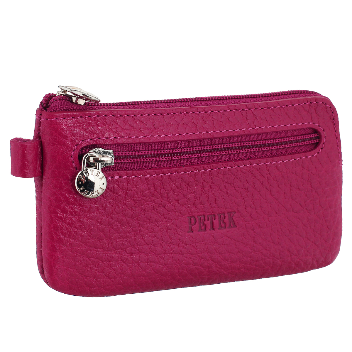 Ключница Petek, цвет: фуксия. 535.46B.44535.46B.44 Fuchsia Ключница Petek, цвет: фуксия. 535.46B.44535.46B.44 FuchsiaКлючница Petek изготовлена из натуральной кожи с фактурной поверхностью. Закрывается на застежку-молнию. Внутри содержится металлическое кольцо для ключей. На передней стенке с внешней стороны расположено дополнительное отделение на молнии. Фурнитура - серебристого цвета. Стильная ключница эффектно дополнит ваш образ и станет незаменимым аксессуаром на каждый день. Изделие упаковано в фирменную коробку коричневого цвета с логотипом фирмы Petek.
