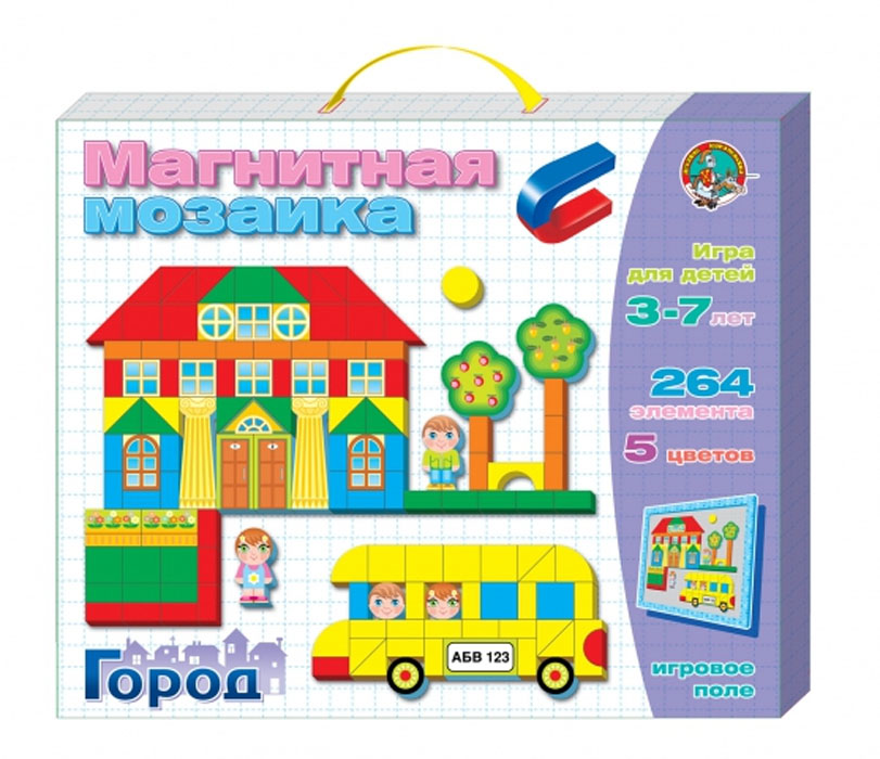 Магнитная мозаика Десятое королевство Город, 266 элементов01512 Магнитная мозаика Десятое королевство Город, 266 элементов01512Магнитная мозаика Десятое королевство Город - это яркая и увлекательная развивающая игра. В набор входят магнитная доска, 220 магнитных фишек, оформленных рисунками, 44 дополнительных элемента и книжка с примерами. С помощью мозаичных элементов на магнитной основе, ребенок сможет создавать городские пейзажи и все, что подскажет ему фантазия. Складывая рисунок из фишек-фигурок, ребенок подбирает их по размеру, по форме и по цвету. Тем самым развивая в себе конструкторские навыки. Элементы мозаики выполнены из высококачественного пенополистирола, приятного на ощупь, в виде геометрических фигур и представленных в 4-х цветах. Магнитная мозаика часто рекомендуется педагогами для развития у детей мелкой моторики. Мозаику с магнитным полем можно использовать как конструктор. Игры с магнитной мозаикой Десятое королевство Город способствуют развитию у малышей мелкой моторики рук, координации движений, внимательности, логического и абстрактного мышления, ориентировки...