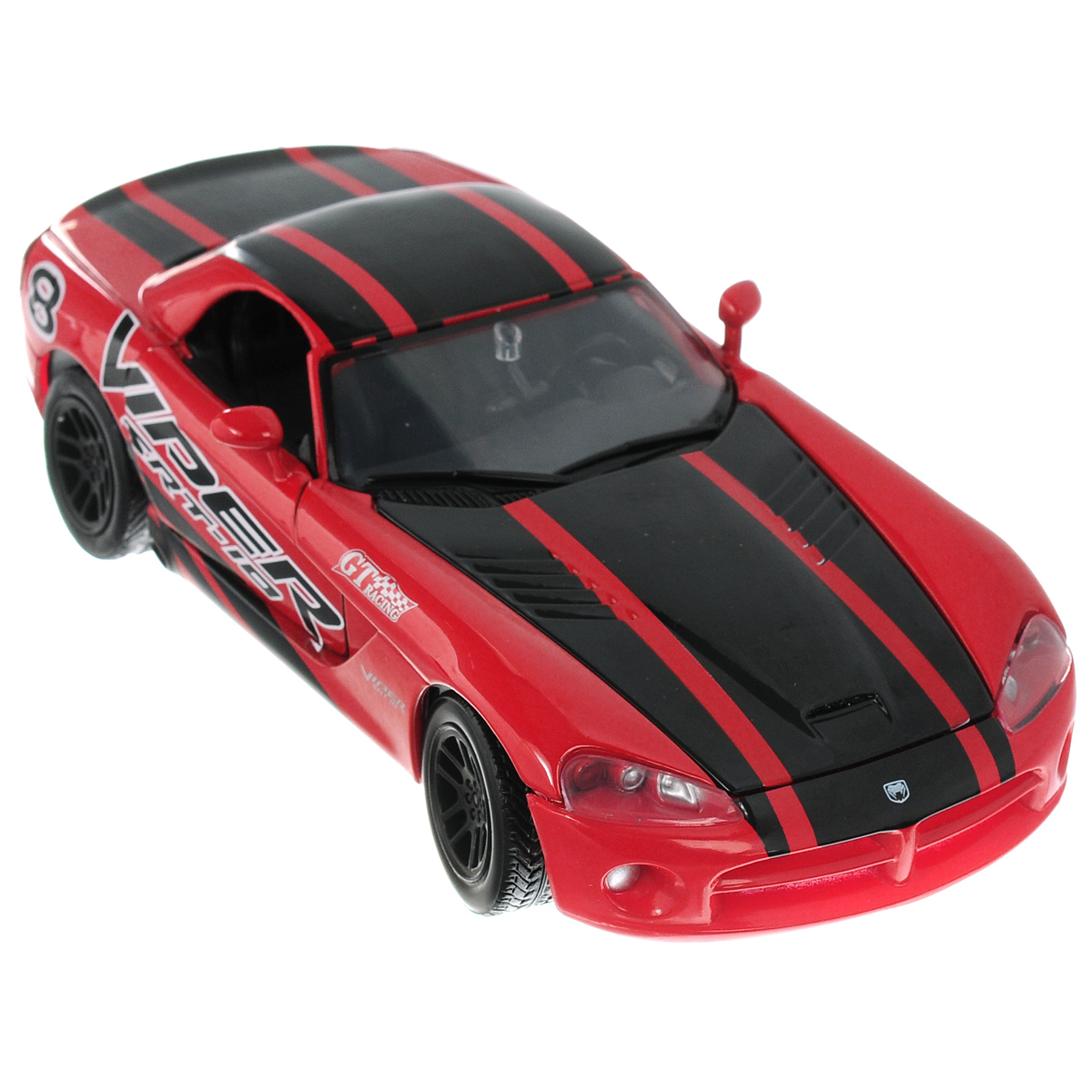 MotorMax Модель автомобиля Dodge Viper SRT-1073776 MotorMax Модель автомобиля Dodge Viper SRT-1073776Коллекционная модель MotorMax Автомобиль Dodge Viper SRT-10 для тех, кто любит роскошь и высокие скорости. Этот спортивный автомобиль от компании Dodge является, пожалуй, одной из самых известных и узнаваемой марок в мире. Dodge Viper был задуман как продолжение традиций классических спортивных американских автомобилей – мощный двигатель, агрессивный вид, минимализм во внешнем облике – все это привлекает многочисленных поклонников спорткара до сих пор. Автомобиль настолько популярен, что использовался и продолжает использоваться во многих компьютерных играх и фильмах. Машинка будет долго служить своему владельцу благодаря цельнометаллическому корпусу, отлитому из металла с элементами из пластика. Двери машины, капот и багажник открываются. Под капотом вы можете воочию увидеть мощный двигатель, проработанный во всех деталях, или, открыв дверцу, оценить убранство салона, также отделанного с особой тщательностью. При повороте руля изменяют свое направление колеса. Приятным бонусом...