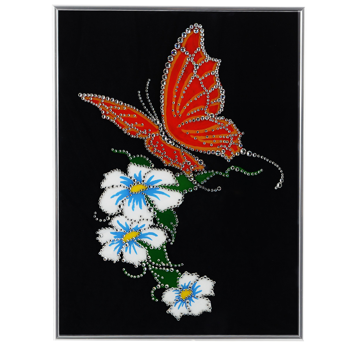Картина с кристаллами Swarovski Бабочка, 30 х 40 см1055 Картина с кристаллами Swarovski Бабочка, 30 х 40 см1055Изящная картина в металлической раме, инкрустирована кристаллами Swarovski, которые отличаются четкой и ровной огранкой, ярким блеском и чистотой цвета. Красочное изображение цветов и бабочки, расположенное под стеклом, прекрасно дополняет блеск кристаллов. С обратной стороны имеется металлическая петелька для размещения картины на стене. Картина с кристаллами Swarovski Бабочка элегантно украсит интерьер дома или офиса, а также станет прекрасным подарком, который обязательно понравится получателю. Блеск кристаллов в интерьере, что может быть сказочнее и удивительнее. Картина упакована в подарочную картонную коробку синего цвета и комплектуется сертификатом соответствия Swarovski.