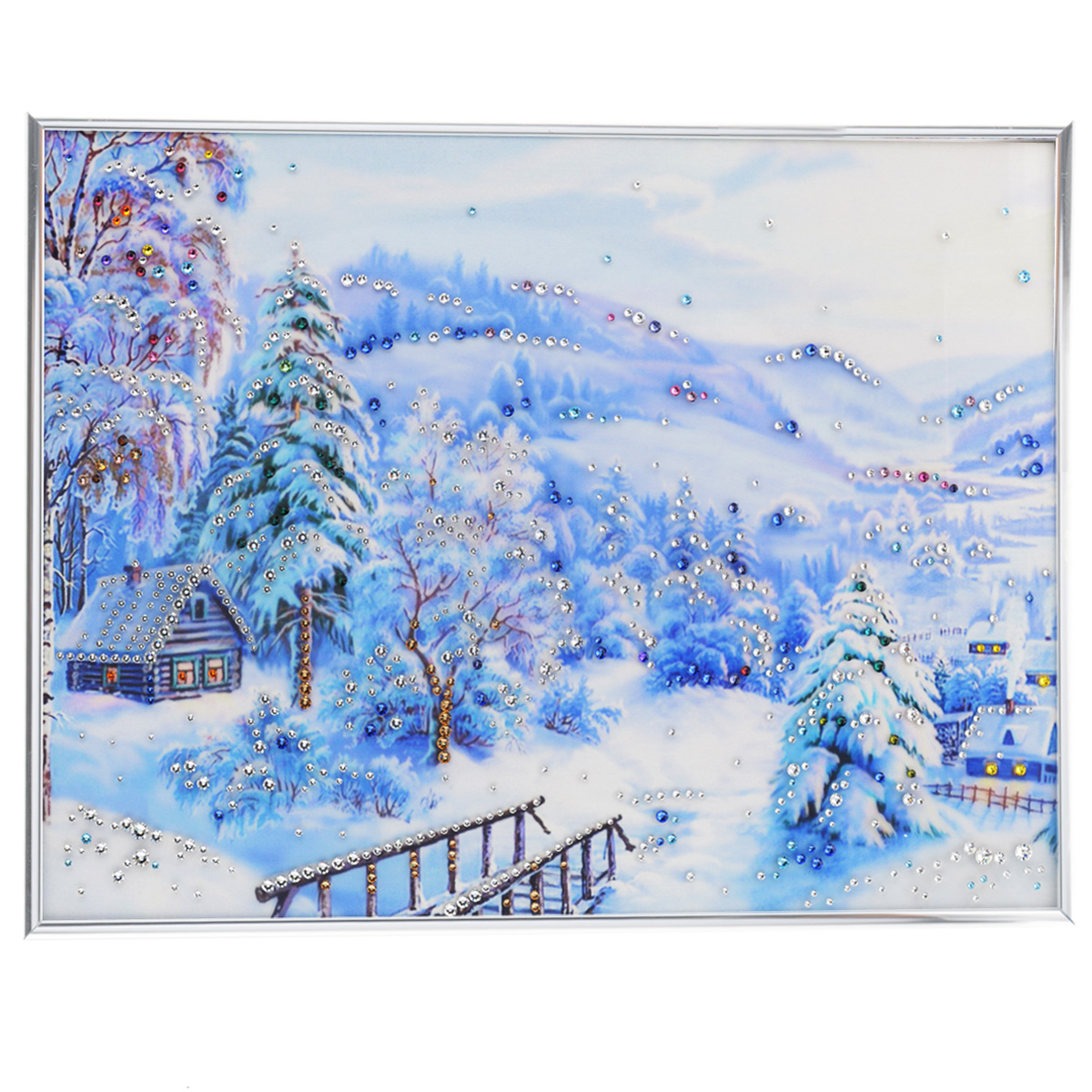 Картина с кристаллами Swarovski Зима, 40 х 30 см1109 Картина с кристаллами Swarovski Зима, 40 х 30 см1109Изящная картина в металлической раме, инкрустирована кристаллами Swarovski, которые отличаются четкой и ровной огранкой, ярким блеском и чистотой цвета. Красочное изображение зимнего пейзажа, расположенное под стеклом, прекрасно дополняет блеск кристаллов. С обратной стороны имеется металлическая петелька для размещения картины на стене. Картина с кристаллами Swarovski Зима элегантно украсит интерьер дома или офиса, а также станет прекрасным подарком, который обязательно понравится получателю. Блеск кристаллов в интерьере, что может быть сказочнее и удивительнее. Картина упакована в подарочную картонную коробку синего цвета и комплектуется сертификатом соответствия Swarovski.
