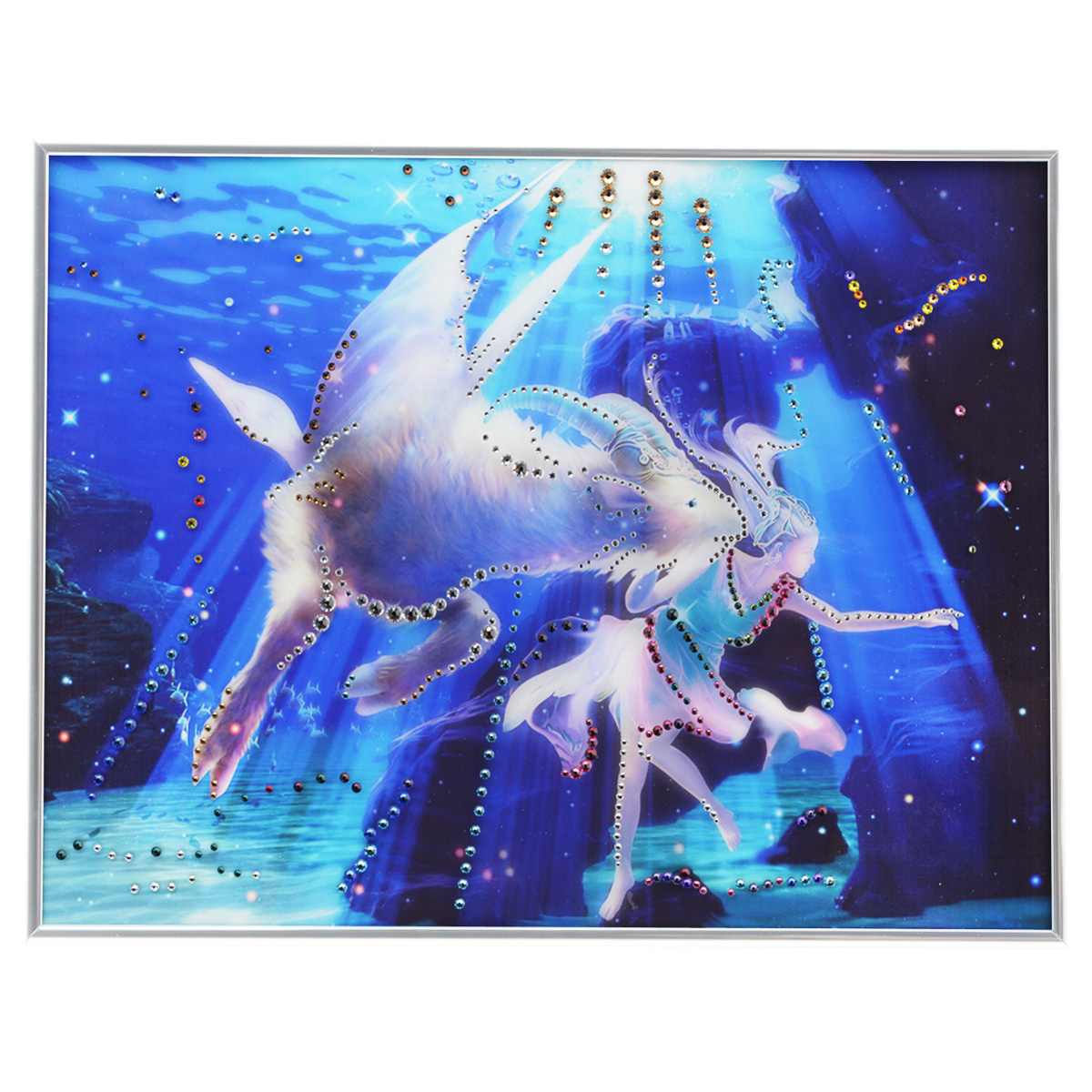Картина с кристаллами Swarovski Знак зодиака. Козерог Кагая, 40 см х 30 см1143 Картина с кристаллами Swarovski Знак зодиака. Козерог Кагая, 40 см х 30 см1143Изящная картина в металлической раме, инкрустирована кристаллами Swarovski, которые отличаются четкой и ровной огранкой, ярким блеском и чистотой цвета. Красочное изображение знака зодиака - козерог Кагая, расположенное под стеклом, прекрасно дополняет блеск кристаллов. С обратной стороны имеется металлическая петелька для размещения картины на стене. Картина с кристаллами Swarovski Знак зодиака. Козерог Кагая элегантно украсит интерьер дома или офиса, а также станет прекрасным подарком, который обязательно понравится получателю. Блеск кристаллов в интерьере, что может быть сказочнее и удивительнее. Картина упакована в подарочную картонную коробку синего цвета и комплектуется сертификатом соответствия Swarovski.