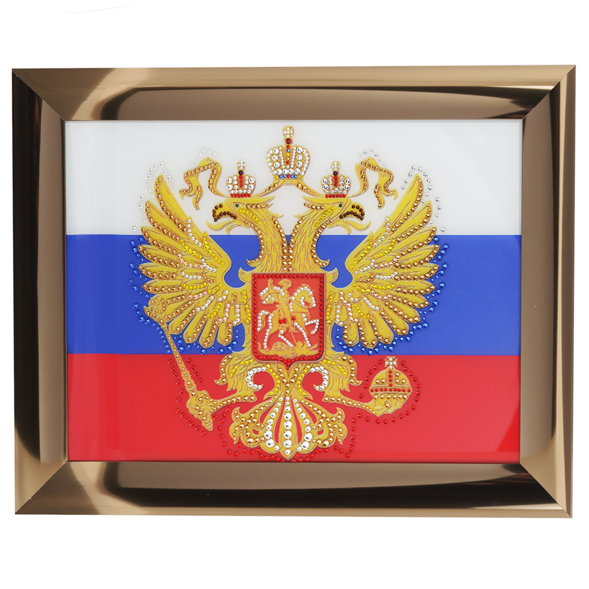 Картина с кристаллами Swarovski Герб России, 47,5 х 37,5 см1331 Картина с кристаллами Swarovski Герб России, 47,5 х 37,5 см1331Изящная картина в металлической раме, инкрустирована кристаллами Swarovski, которые отличаются четкой и ровной огранкой, ярким блеском и чистотой цвета. Красочное изображение герба России, расположенное под стеклом, прекрасно дополняет блеск кристаллов. С обратной стороны имеется металлическая петелька для размещения картины на стене. Картина с кристаллами Swarovski Герб России элегантно украсит интерьер дома или офиса, а также станет прекрасным подарком, который обязательно понравится получателю. Блеск кристаллов в интерьере, что может быть сказочнее и удивительнее. Картина упакована в подарочную картонную коробку синего цвета и комплектуется сертификатом соответствия Swarovski.