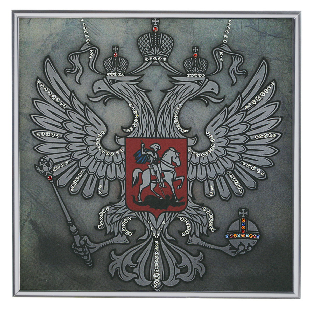 Картина с кристаллами Swarovski Герб, 25 см х 25 см1336 Картина с кристаллами Swarovski Герб, 25 см х 25 см1336Изящная картина в металлической раме, инкрустирована кристаллами Swarovski, которые отличаются четкой и ровной огранкой, ярким блеском и чистотой цвета. Красочное изображение Герба, расположенное под стеклом, прекрасно дополняет блеск кристаллов. С обратной стороны имеется металлическая петелька для размещения картины на стене. Картина с кристаллами Swarovski Герб элегантно украсит интерьер дома или офиса, а также станет прекрасным подарком, который обязательно понравится получателю. Блеск кристаллов в интерьере, что может быть сказочнее и удивительнее. Картина упакована в подарочную картонную коробку синего цвета и комплектуется сертификатом соответствия Swarovski.