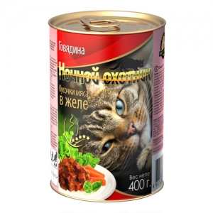 Консервы для взрослых кошек Ночной охотник, с говядиной в желе, 400 г17153 Консервы для взрослых кошек Ночной охотник, с говядиной в желе, 400 г17153Консервы для взрослых кошек Ночной охотник с говядиной в желе изготовлены из натурального мяса, не содержат сои, консервантов и ГМО продуктов. В состав корма входят питательные вещества, белки, минеральные вещества, витамины, таурин и другие компоненты, необходимые кошке для ежедневного сбалансированного питания. Состав: говядина не менее 10%, мясо птицы и субпродукты животного происхождения: телятина не менее 10%, мясо ягненка не менее 10%, говядина не менее 10%, курица не менее 10%, злаки, растительное масло, минеральные вещества, таурин, витамины А, D, E. Пищевая ценность в 100 г: сырой белок - 8%, сырой жир - 3,5%, сырая клетчатка - 0,4%, кальций - 0,25%, фосфор - 0,3%, сырая зола - 2%, влажность 80%. Вес: 400 г. Энергетическая ценность: 80 ккал/100 г. Товар сертифицирован.