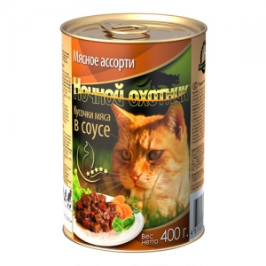 Консервы для взрослых кошек Ночной охотник , с мясным ассорти в соусе, 400 г17167 Консервы для взрослых кошек Ночной охотник , с мясным ассорти в соусе, 400 г17167Консервы для взрослых кошек Ночной охотник с мясным ассорти в соусе: говядиной, телятиной и курицей - полноценное сбалансированное питание для взрослых кошек. Корм изготовлен из натурального мяса, без содержания сои, консервантов и ГМО продуктов. В состав корма входят питательные вещества, белки, минеральные вещества, витамины, таурин и другие компоненты, необходимые кошке для ежедневного питания. Состав: мясо и субпродукты животного происхождения (говядина не менее 10%, телятина не менее 10%, курица не менее 10%), злаки, растительное масло, минеральные вещества, таурин, витамины А, D, E. Пищевая ценность в 100 г: сырой белок - 8%, сырой жир - 3,5%, сырая клетчатка - 0,4%, кальций - 0,25%, фосфор - 0,3%, сырая зола - 2%, влажность 80%. Вес: 400 г. Энергетическая ценность: 80 ккал/100г. Товар сертифицирован.