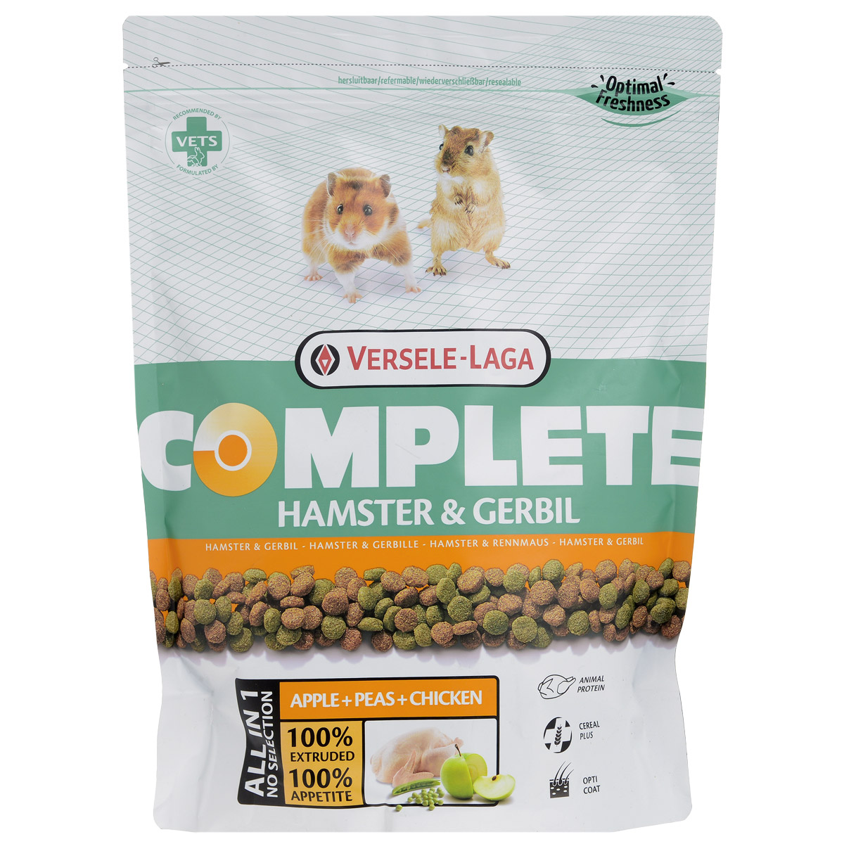 Корм для хомяков и песчанок Versele-Laga Hamster & Gerbil, комплексный, 500 г461296 Корм для хомяков и песчанок Versele-Laga Hamster & Gerbil, комплексный, 500 г461296Комплексный корм Versele-Laga - это полноценный и вкусный корм для (карликовых) хомяков, состоящий на 100% из легкоусвояемых экструдированных гранул. Корм содержит все питательные вещества, необходимые вашим питомцам для здоровой и активной жизни. Уход за зубами Проблемы с ротовой полостью — частое явление у хомяков. Зачастую это последствия неправильного питания с нехваткой твердых компонентов для стачивания постоянно растущих зубов. Использование особых неизмельченных и твердых компонентов в гранулах обеспечит более длительное жевание и лучшее стачивание зубов, что благоприятствует здоровью ротовой полости. Свежие овощи Особый процесс прессования позволяет добавлять в гранулы до 10% свежих овощей, что обеспечивает прекрасный вкус гранул. Вкупе с дополнительной клетчаткой гранулы имеют прекрасную перевариваемость. Протеины Хомяки по своей природе всеядны и относятся к тем грызунам, которым необходимы как животные,...