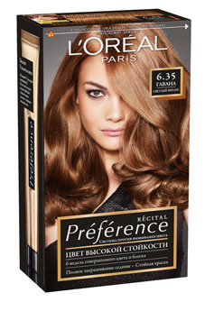 LOreal Paris Краска для волос Preference, оттенок 6.35, Гавана, 270 млA6212501 LOreal Paris Краска для волос Preference, оттенок 6.35, Гавана, 270 млA6212501Легендарная краска Preference от LOreal Paris - премиальное качество окрашивания! В ее разработке приняли участие эксперты из лабораторий LOreal Paris и профессиональный колорист Кристоф Робин. Более объемные красящие вещества Preference дольше удерживаются в структуре волоса, обеспечивая совершенный стойкий цвет. Уникальная технология против вымывания цвета и комплекс ЭКСТРАБЛЕСК подарят насыщенный цвет и великолепный блеск в течение 8 недель.