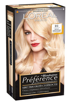 LOreal Paris Стойкая краска для волос Preference, оттенок 01, Светло-светло-русый натуральныйA6210301 LOreal Paris Стойкая краска для волос Preference, оттенок 01, Светло-светло-русый натуральныйA6210301Краска для волос Лореаль Париж Преферанс - премиальное качество окрашивания! Она создана ведущими экспертами лабораторий Лореаль Париж в сотрудничестве с профессиональным колористом Кристофом Робином. В результате исследований был разработан уникальный состав краски, основанный на более объемных красящих пигментах. Стойкая краска способна дольше удерживаться в структуре волос, создавая неповторимый яркий цвет, устойчивый к вымыванию и возникновению тусклости. Комплекс Экстраблеск добавит блеска насыщенному цвету волос. Красивые шелковые волосы с насыщенным цветом на протяжении 8 недель после окрашивания! В состав упаковки входит: флакон гель-краски (40 мл), флакон-аппликатор с проявляющим кремом (80 мл), бальзам Усилитель цвета (54 мл), инструкция, пара перчаток.