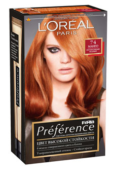 LOreal Paris Краска для волос Preference Feria, с бальзамом -усилителем цвета, оттенок 74, Манго, 270 млA6214927 LOreal Paris Краска для волос Preference Feria, с бальзамом -усилителем цвета, оттенок 74, Манго, 270 млA6214927Стойкая краска LOreal Paris Preference Feria удерживается дольше в структуре волос, обеспечивая стойкость цвета, полное закрашивание седины и великолепный блеск. В ее разработке приняли участие эксперты из лабораторий LOreal Paris и профессиональный колорист Кристоф Робин. Упаковка содержит: гель-краску 60 мл, проявляющий крем 60 мл, бальзам усилитель цвета, обогащенный UV-фильтром и витамином Е 54 мл, одну пару перчаток. Товар сертифицирован.